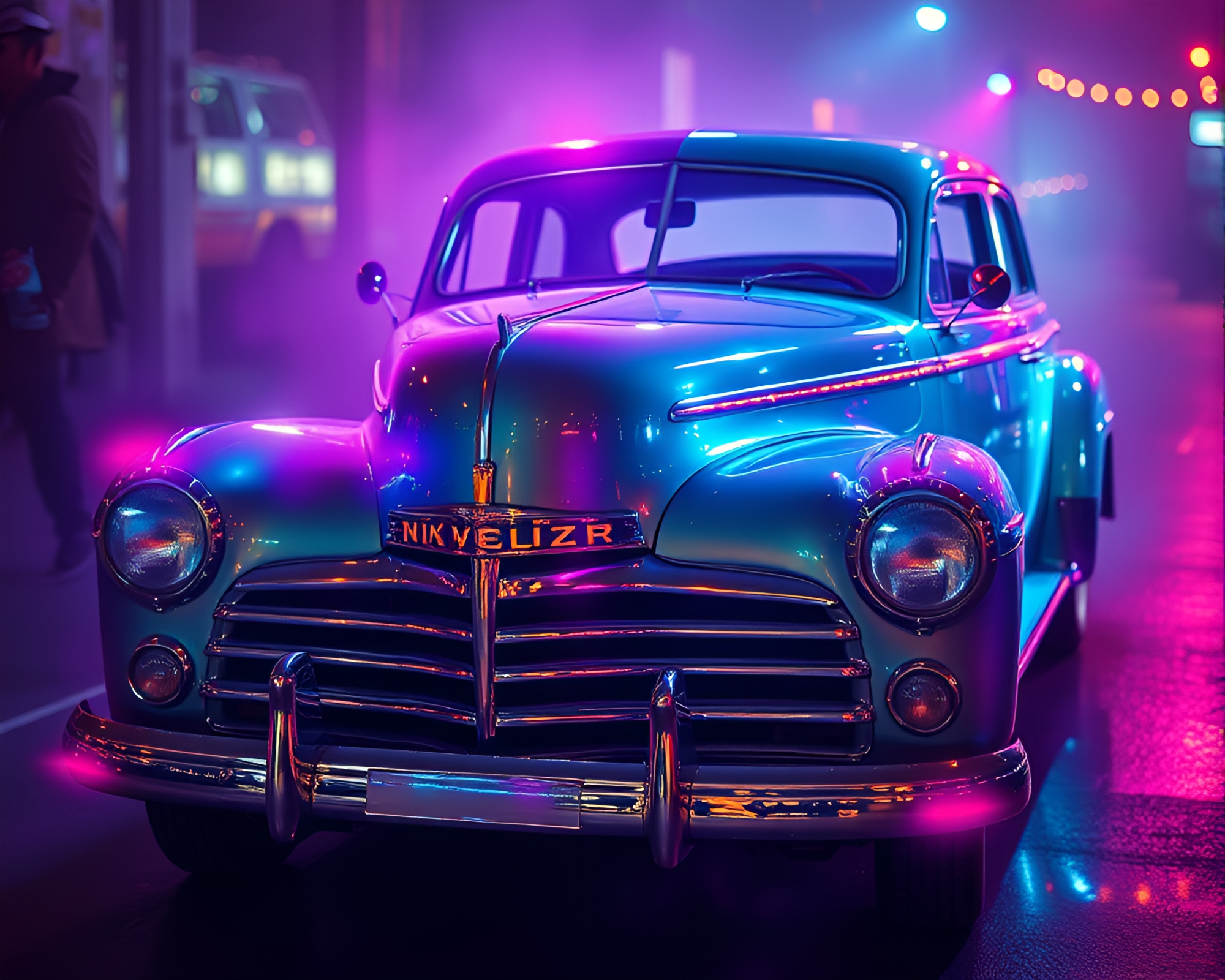Vintage Car with Fractal Glow and Hologram Effect – free AI stock image