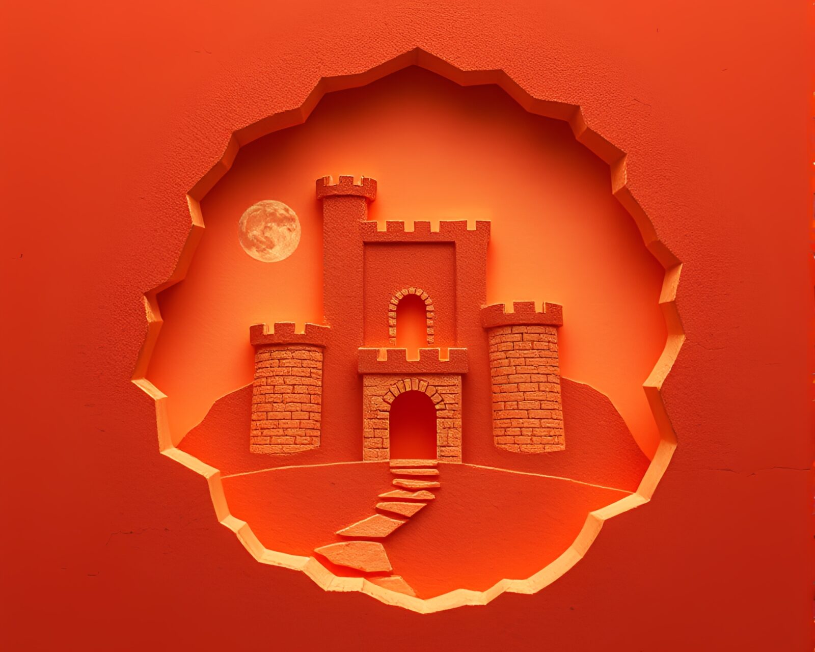 Abstract paper cutout of a castle in a warm desert