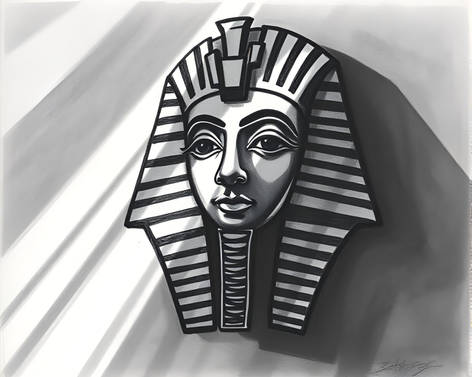 Enigmatic conté drawing of ancient Pharaoh mask in sunlight.