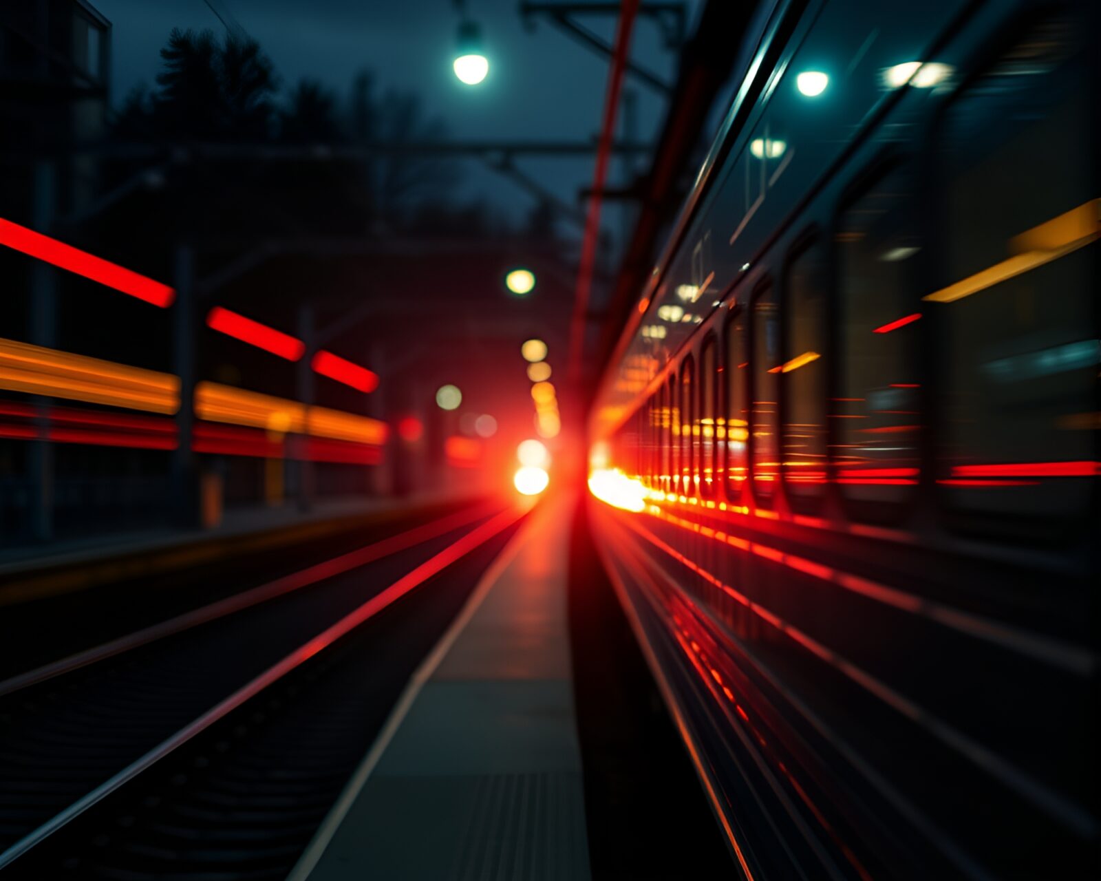 Tri-tone saxophones playing amidst midday train light trails