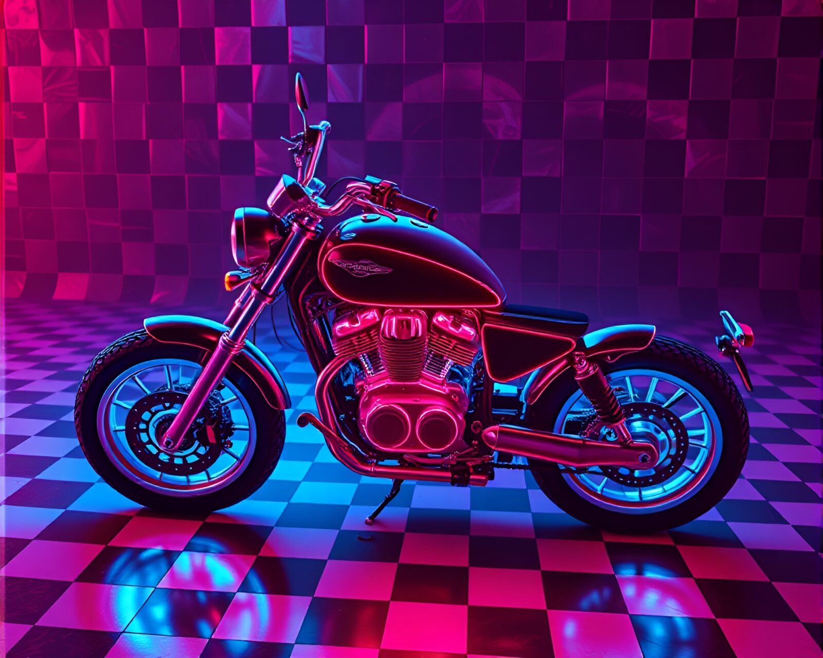 Vibrant neon motorbike speeding in digitally generated patterned landscape