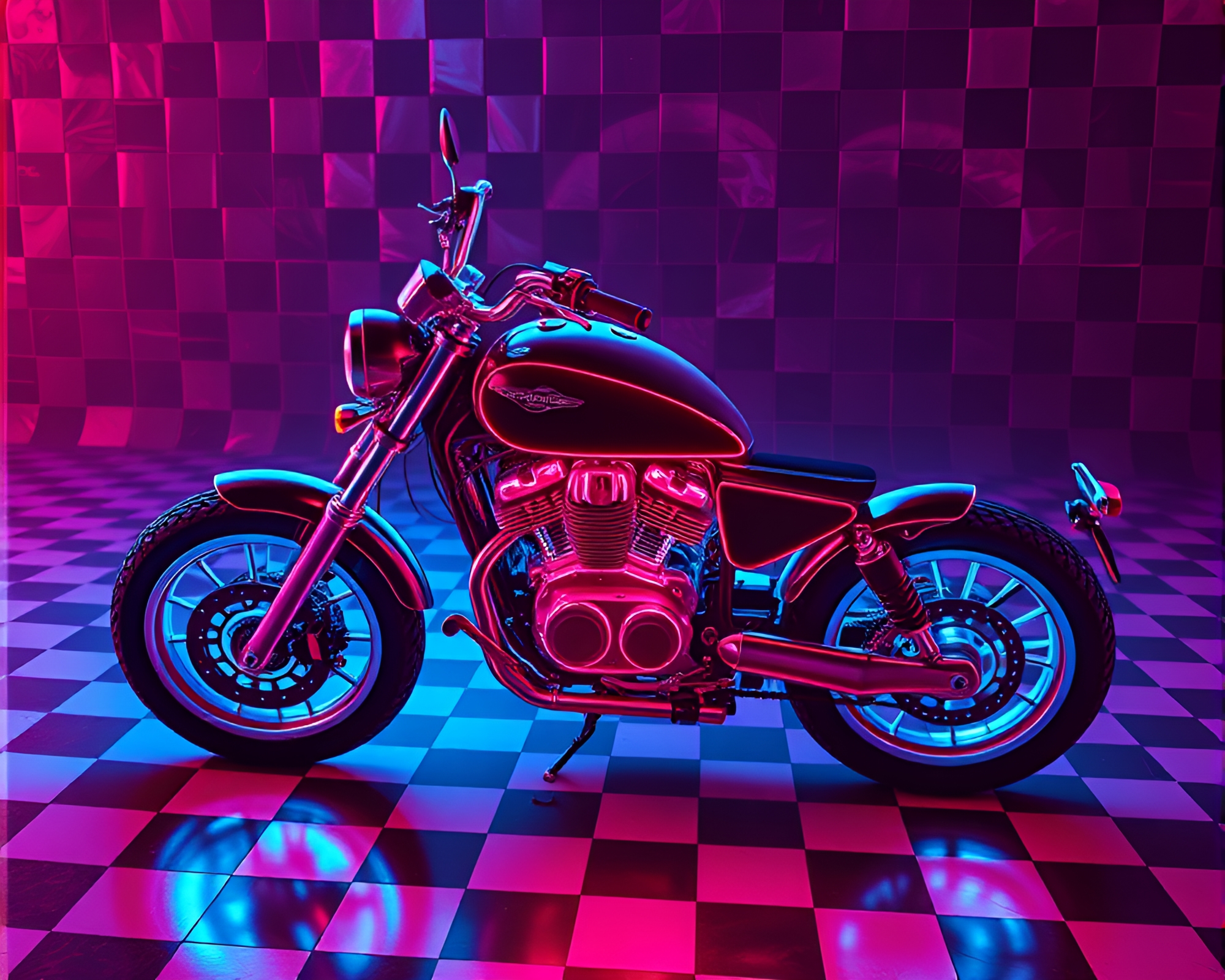 Neon Motorcycle Racing through Infrared Checkered World – free AI stock image