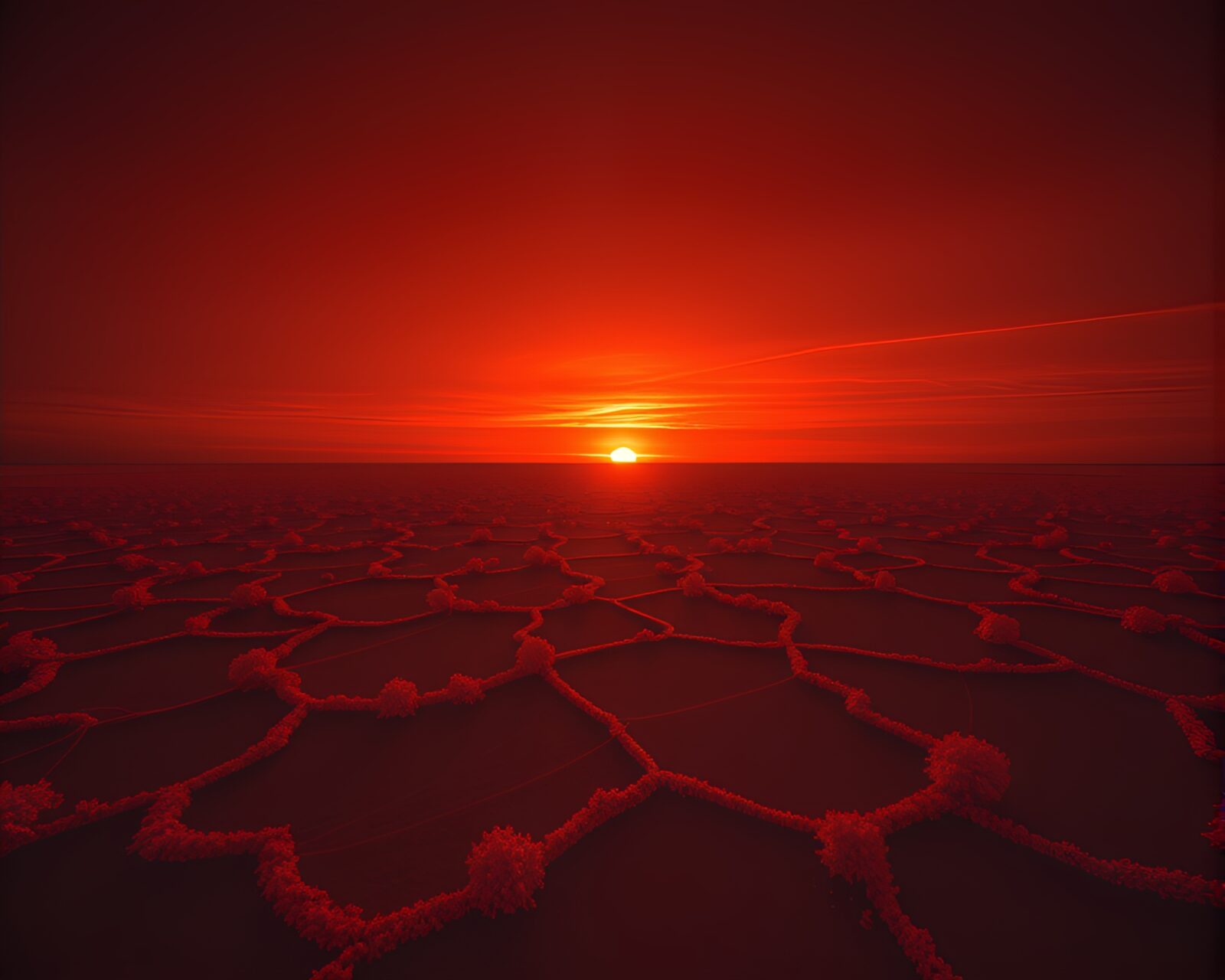 Intricate orange drone patterns against a setting sun