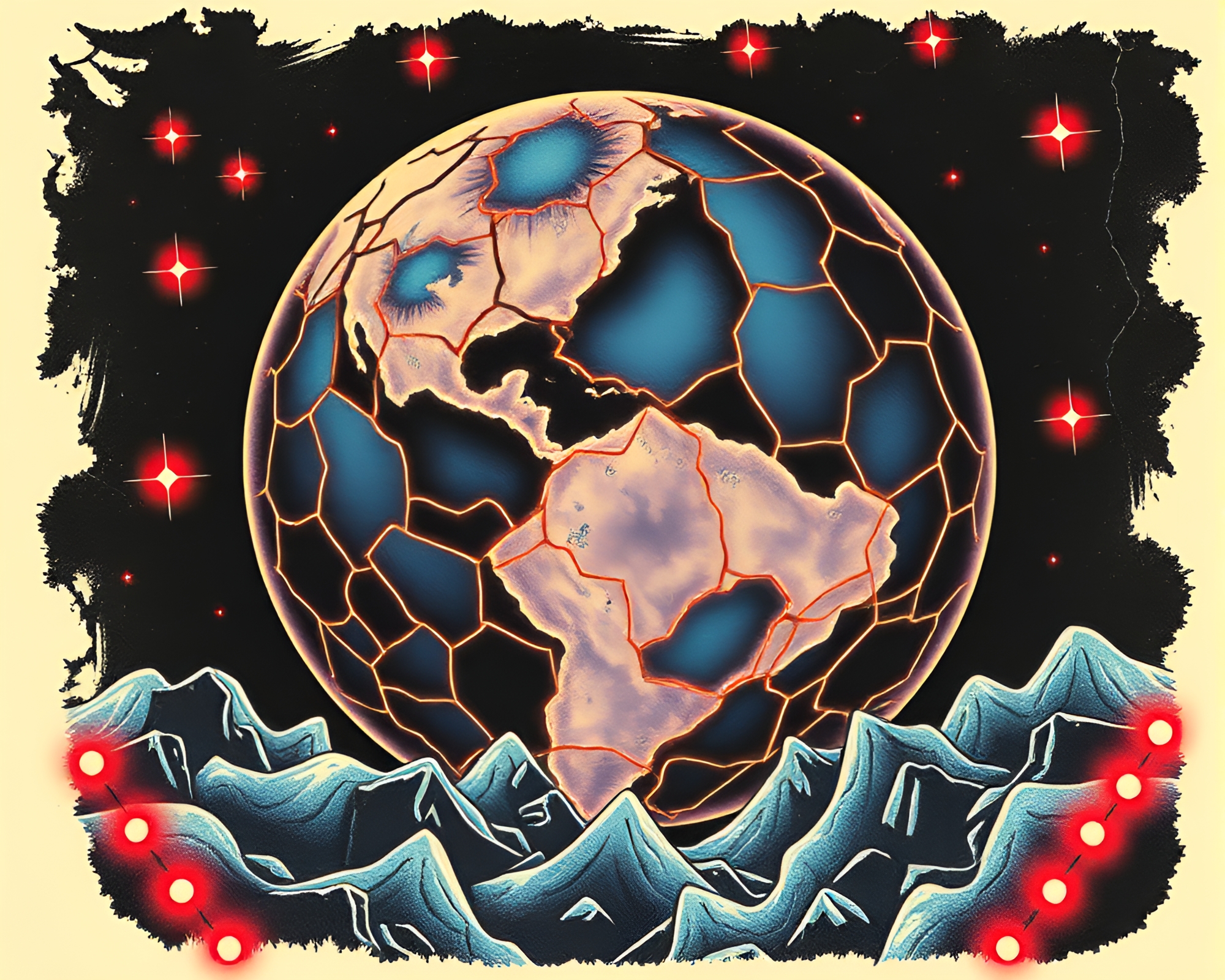 Cracked Earth Carnival: Retro Wave Neon Lights Tattoo Art – free AI stock image