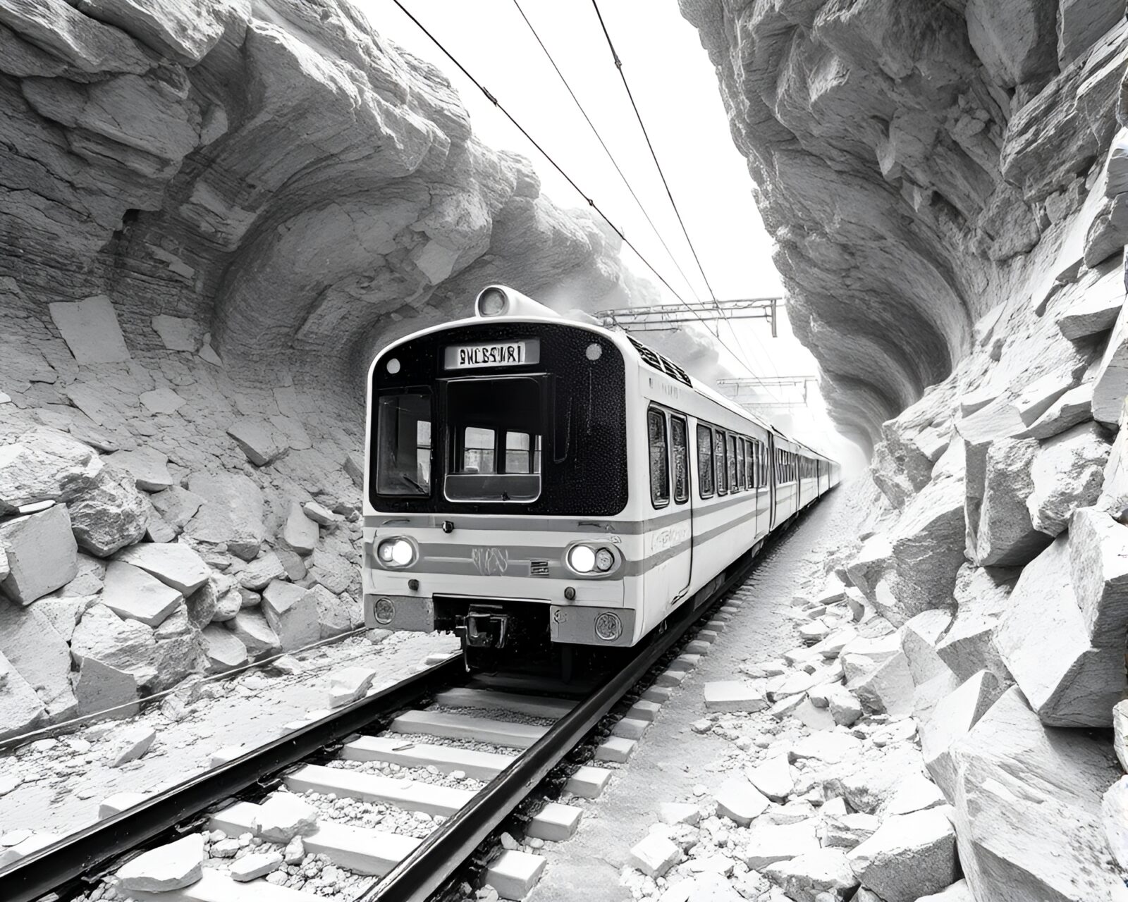 Futuristic broken mosaic of a train in ivory lighting