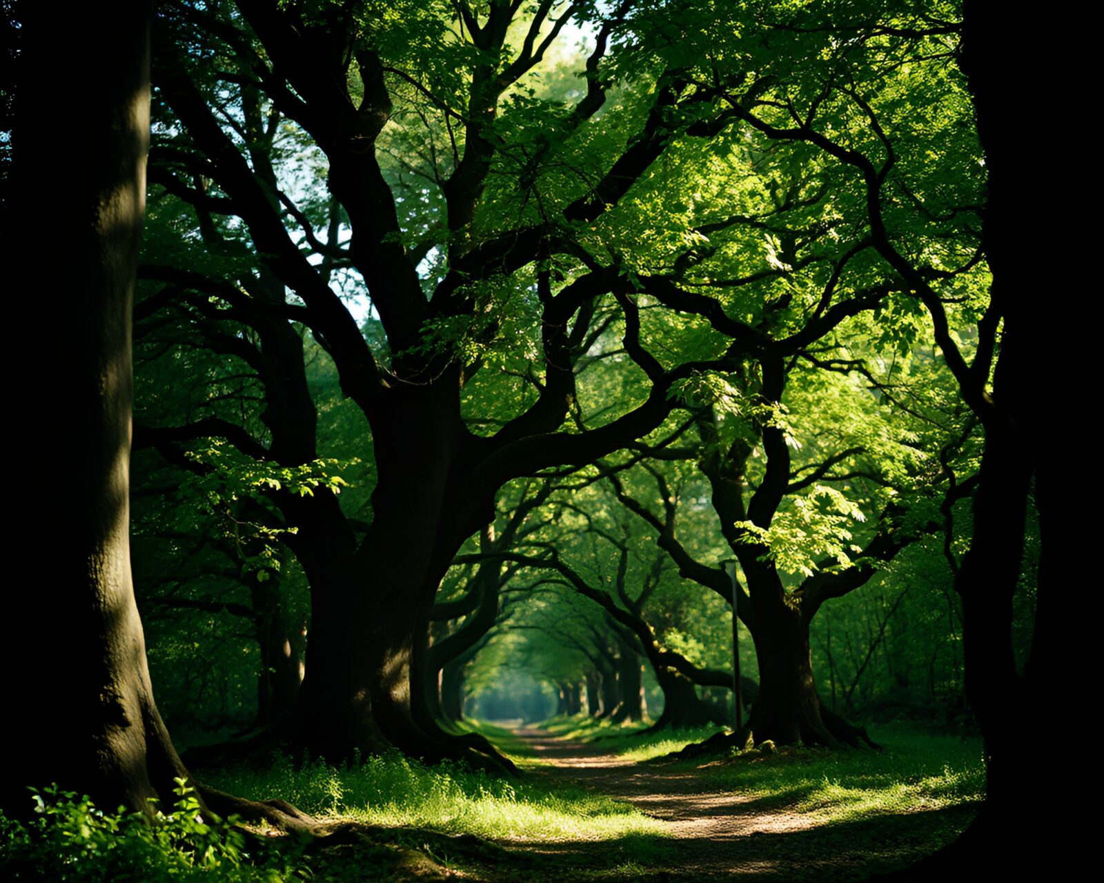 Mystical close-up in ancient forest with film grain effect