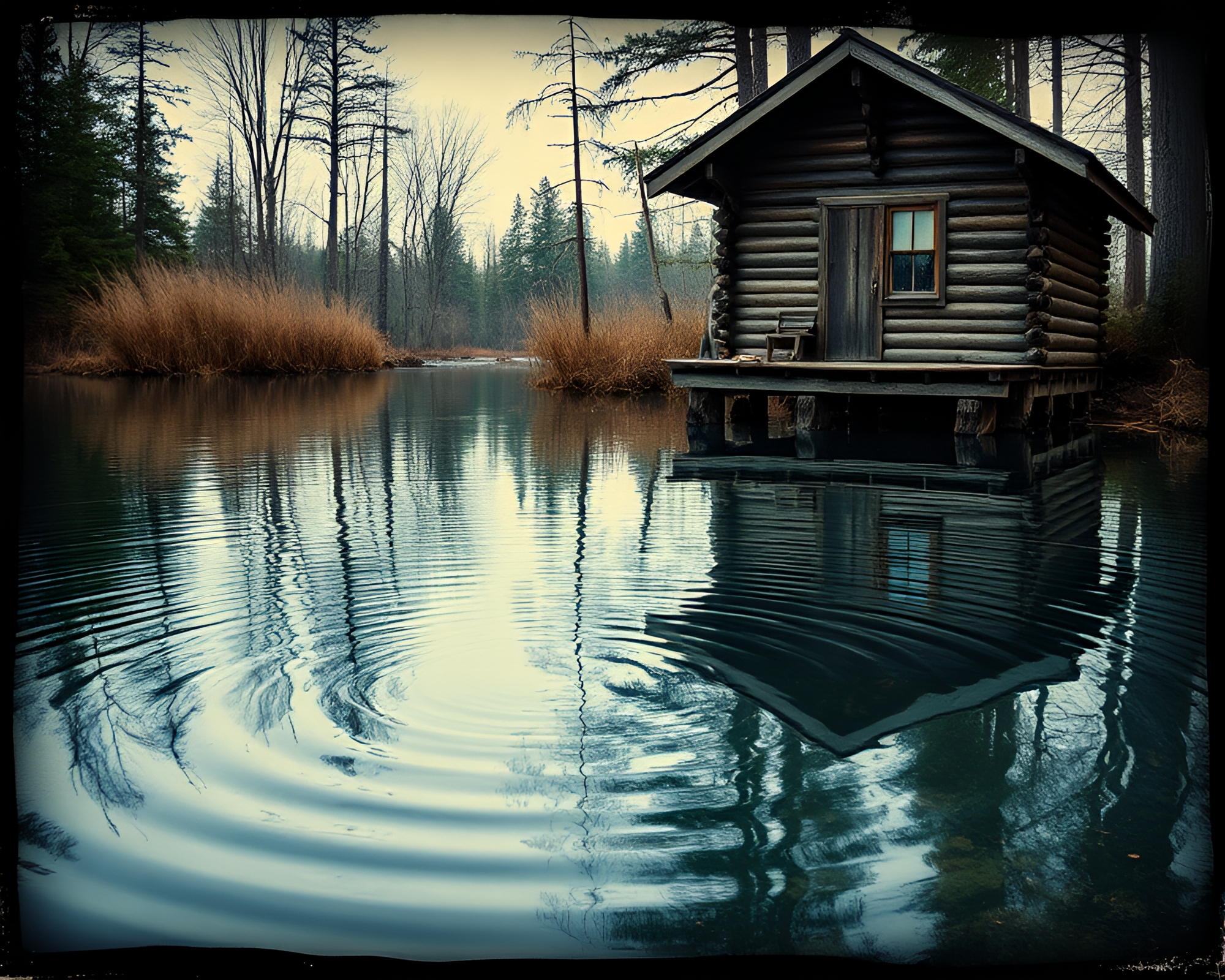 Water Reflections at Rustic Cabin: Vintage Polaroid Vibe – free AI stock image
