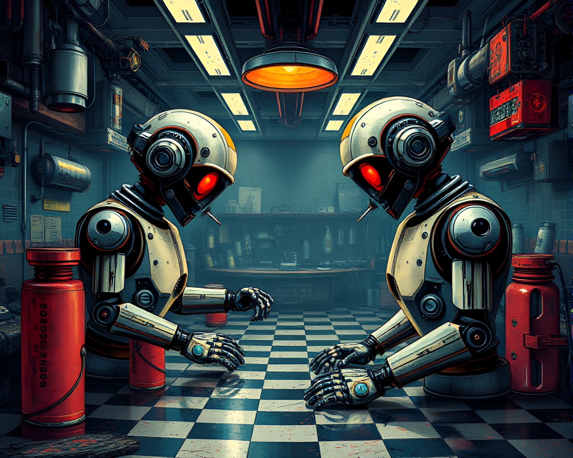 Cyber Robotics Laboratory with Checkered Patterns – free AI stock image