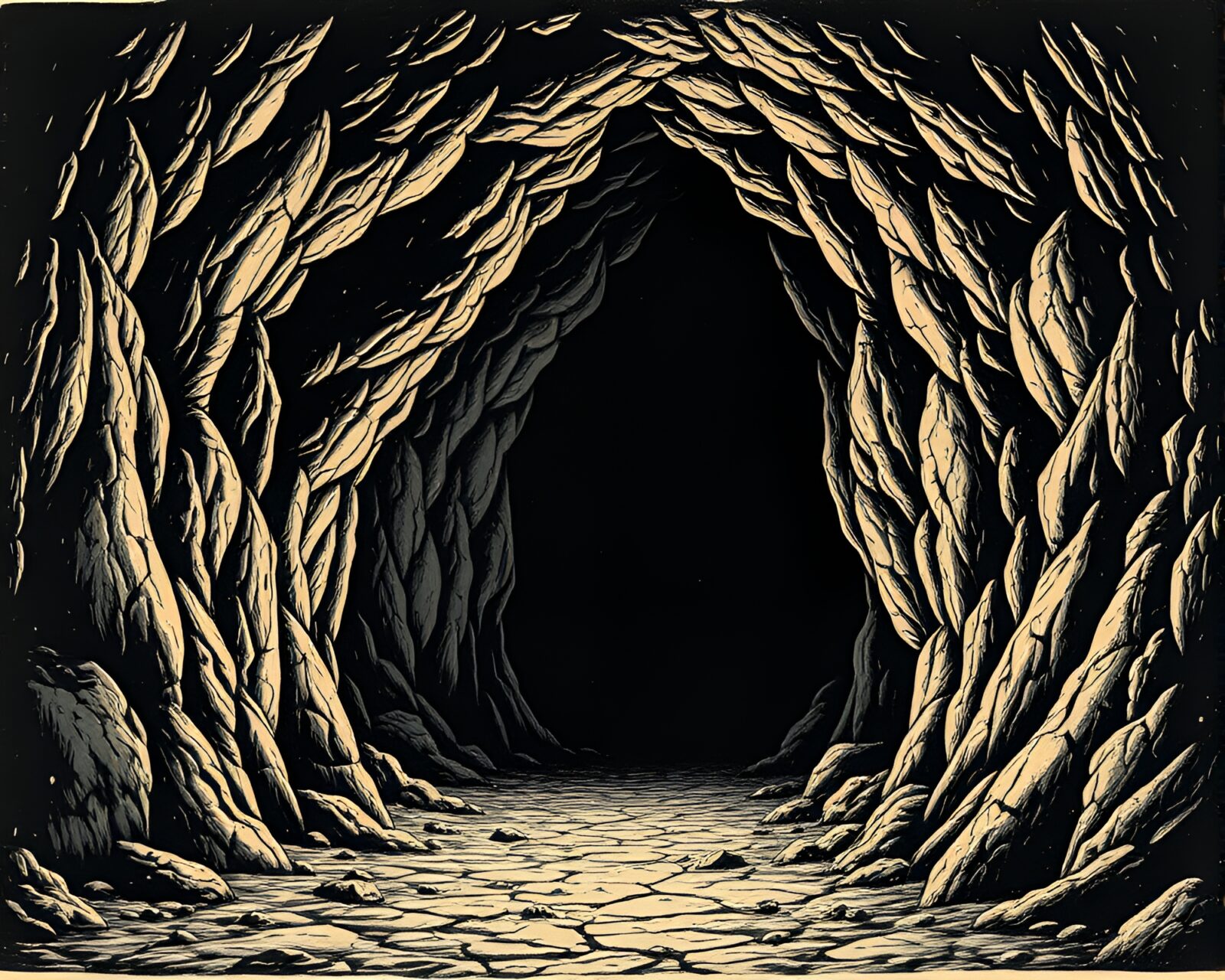 Cracked earth surrounding an aged rickshaw by a dark cave entrance