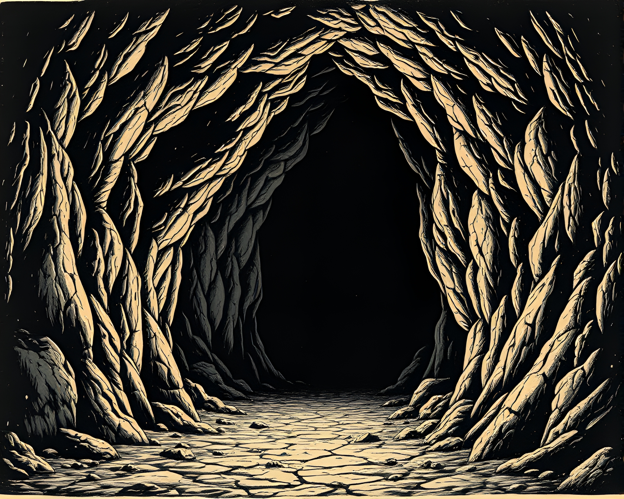 Desolate Rickshaw at Cave Entrance in Woodcut Print – free AI stock image