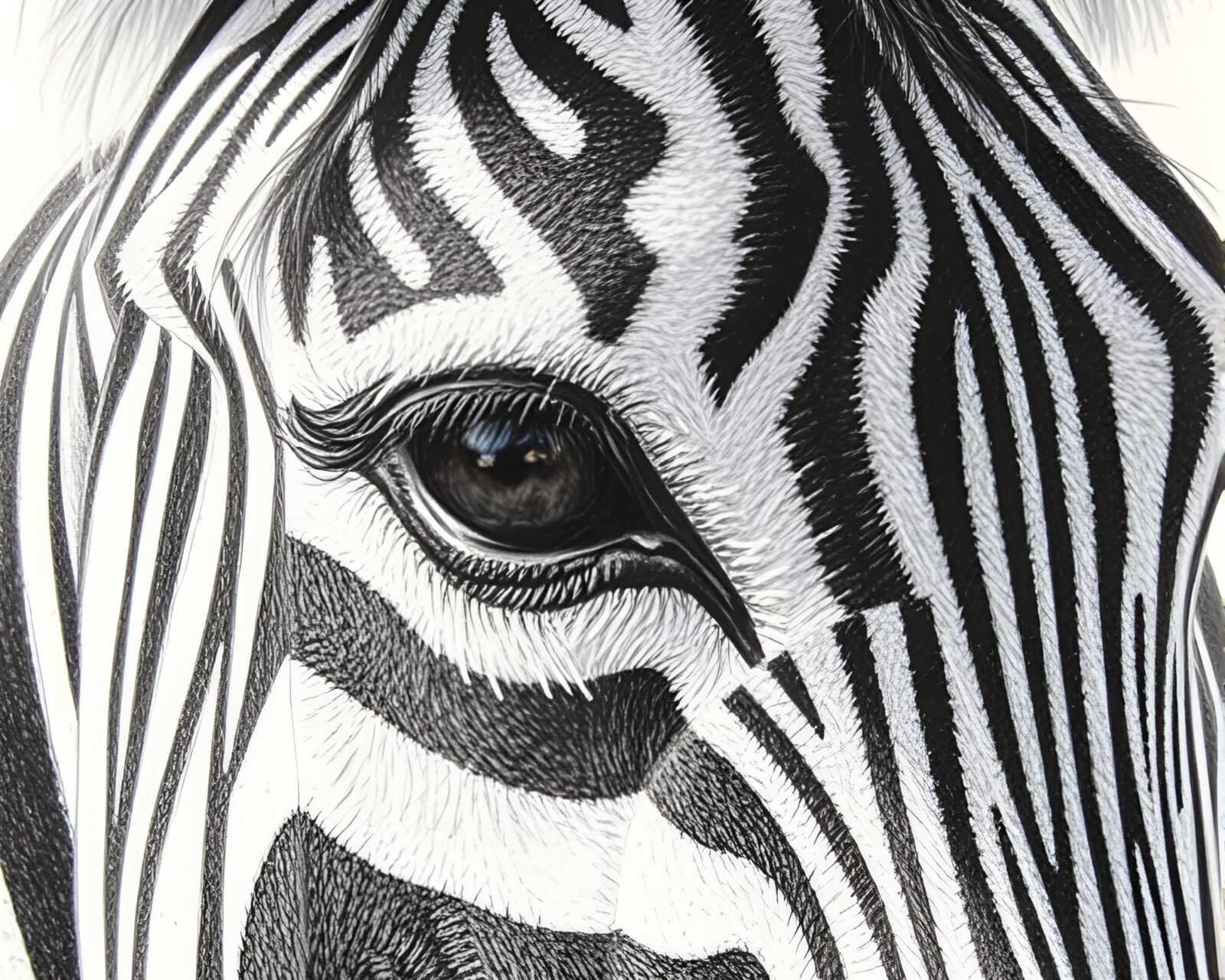 Detailed conté crayon drawing of zebra eye in extreme close-up