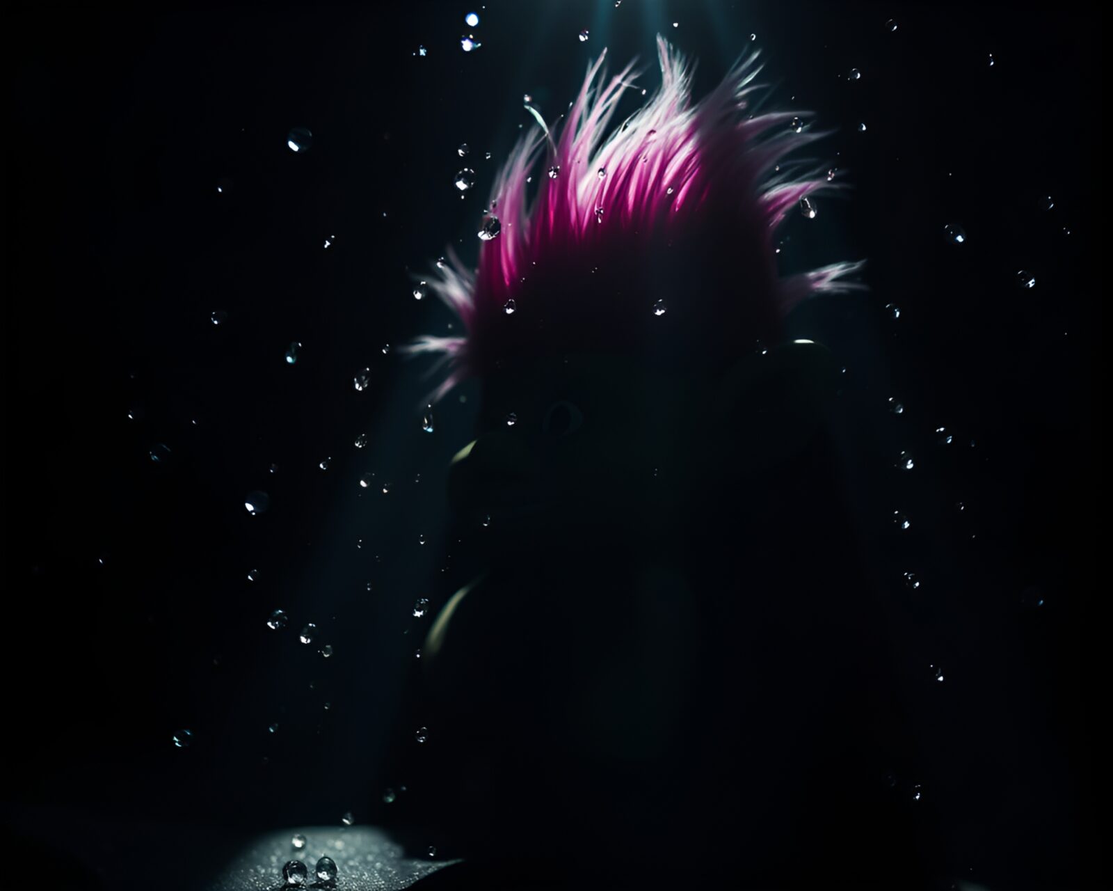 Glowing lens flare illuminates troll in water droplet-filled attic