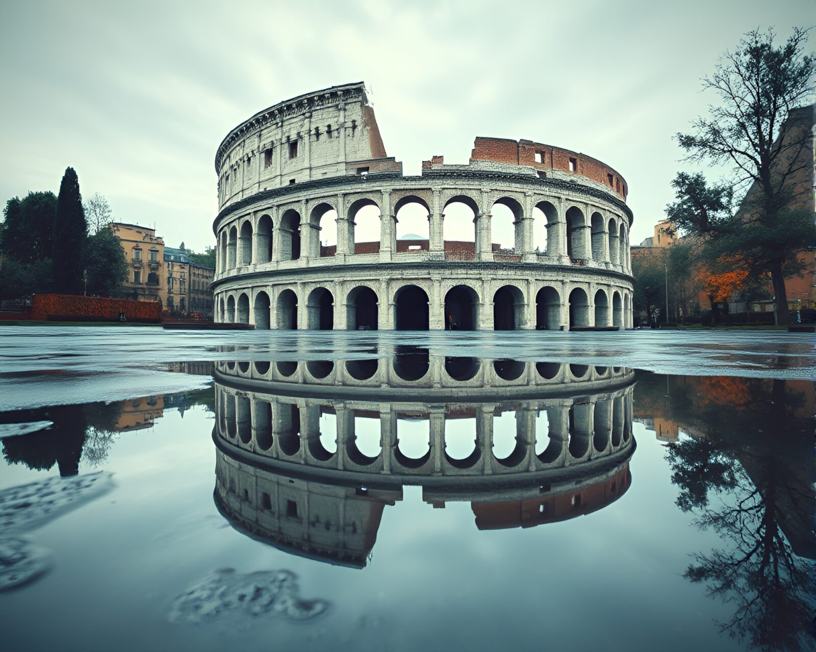 Washed-out colors of Roman Coliseum reflected in blueprint style