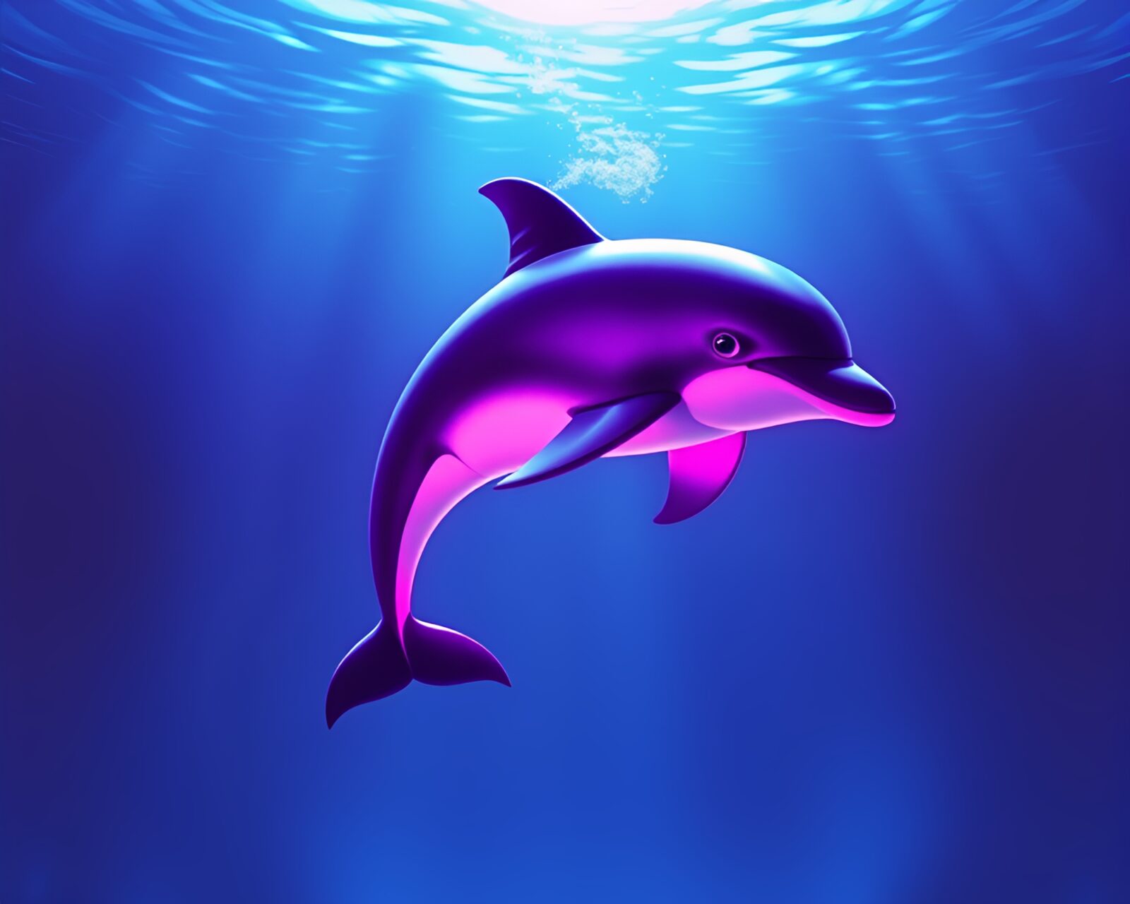 Vibrant neon dolphin against retro synthwave background