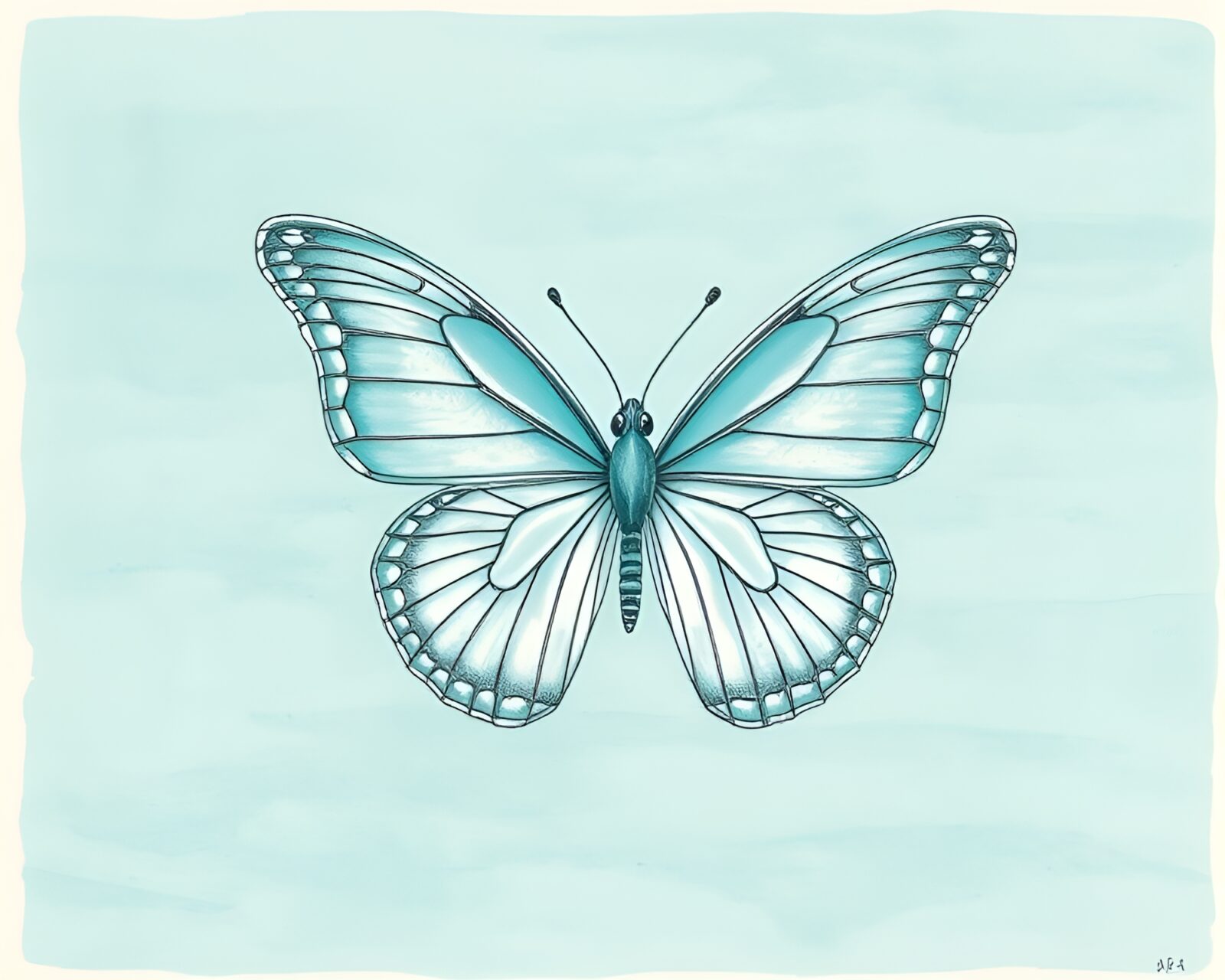 Abstract illustration of a silk butterfly in etching lines on turquoise background.