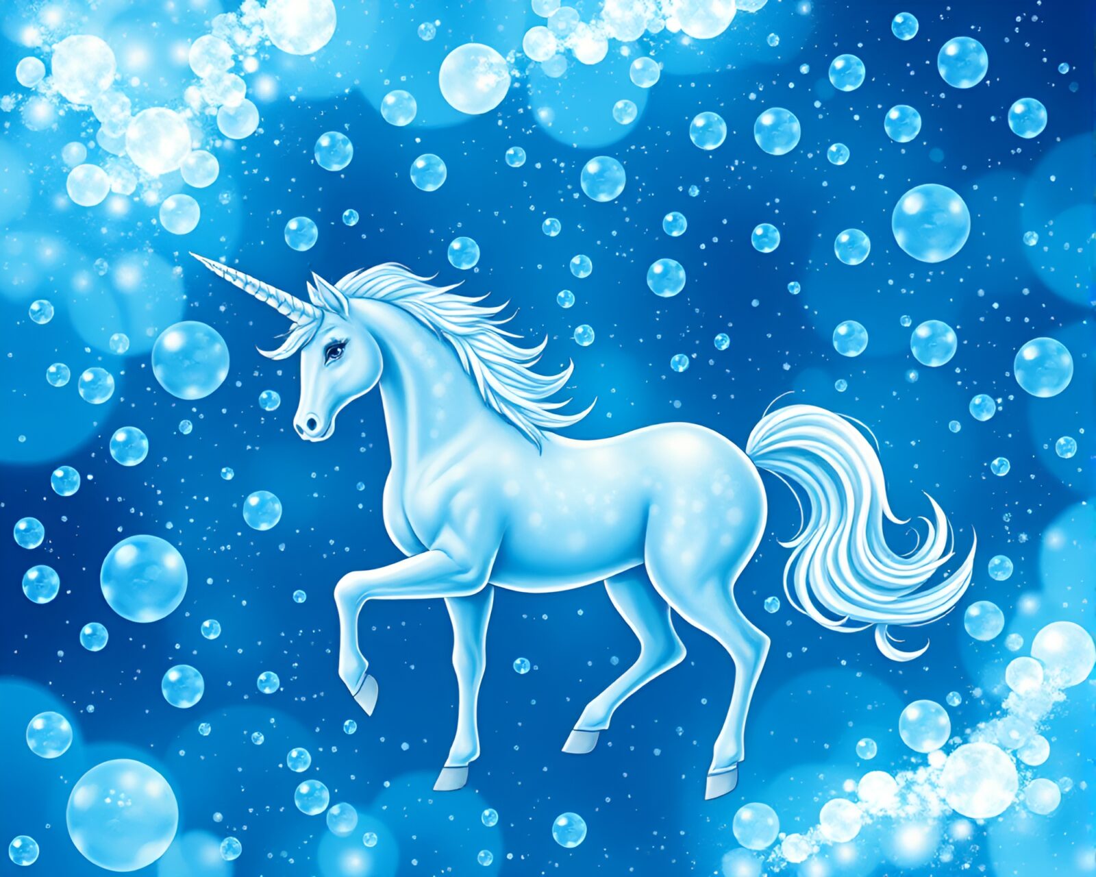 Fantastical unicorn surrounded by icy blue bubble clusters.