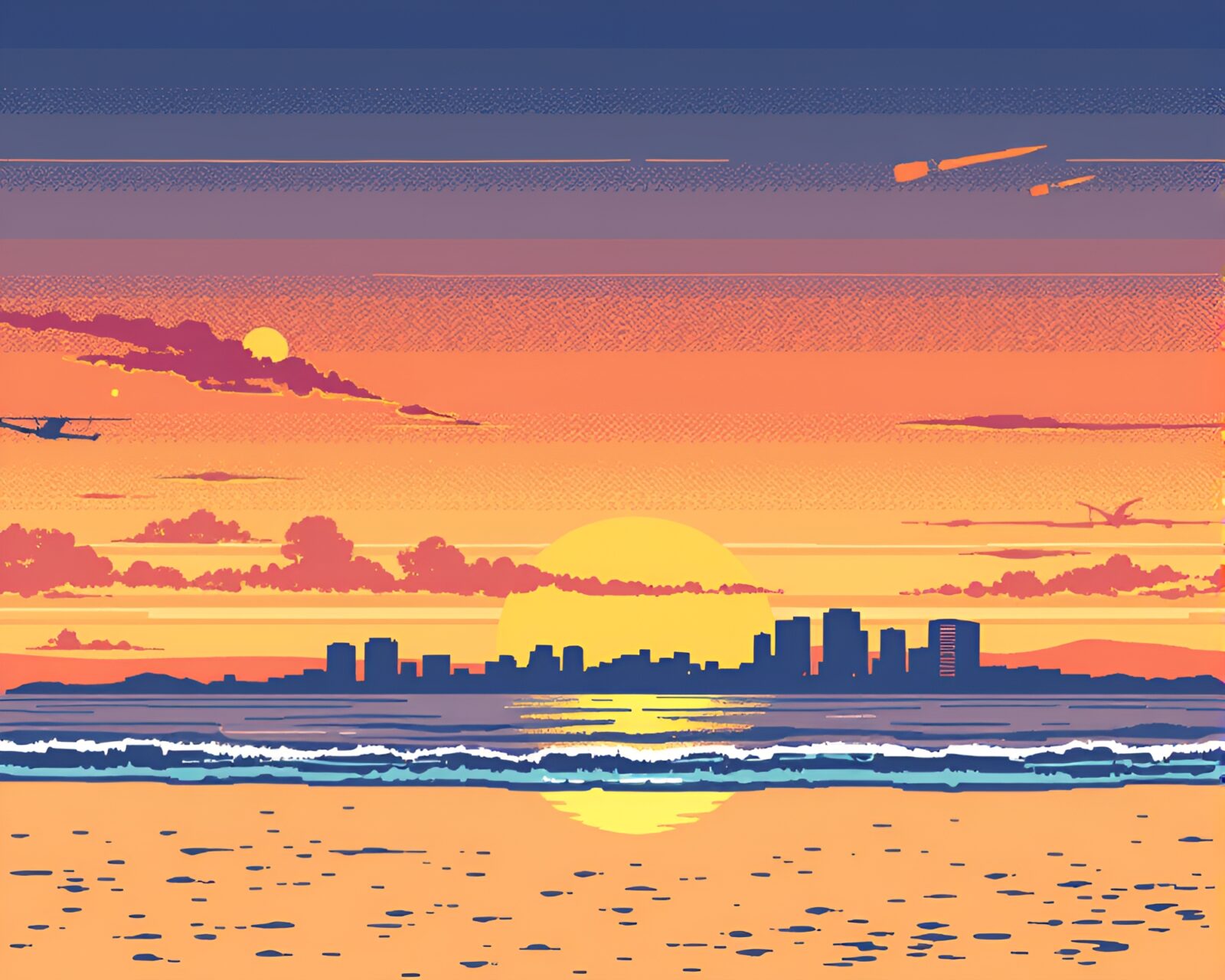 Pixelated shoreline at dusk with intricate etched details