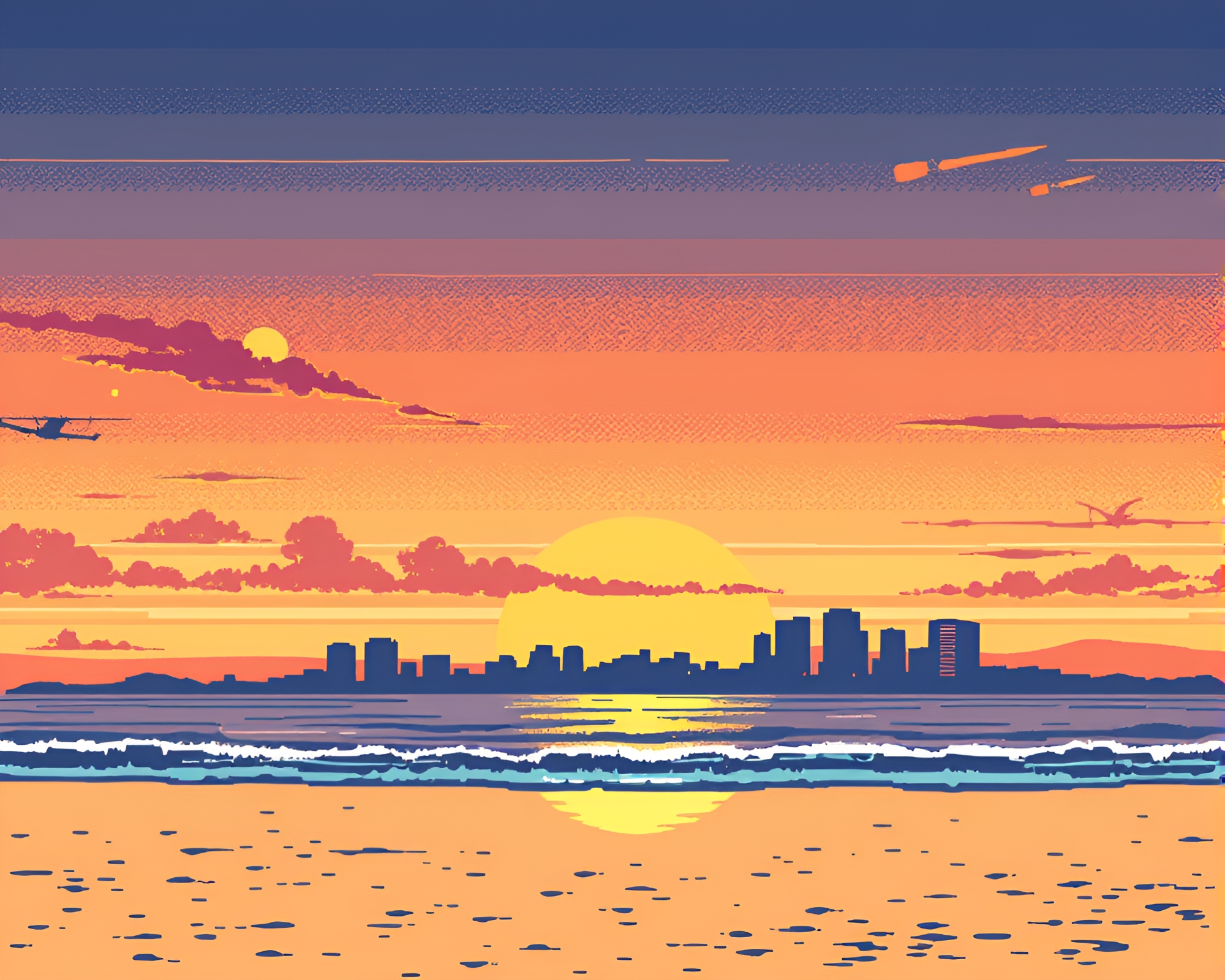 8-bit Sunset Beach Etching Lines – free AI stock image