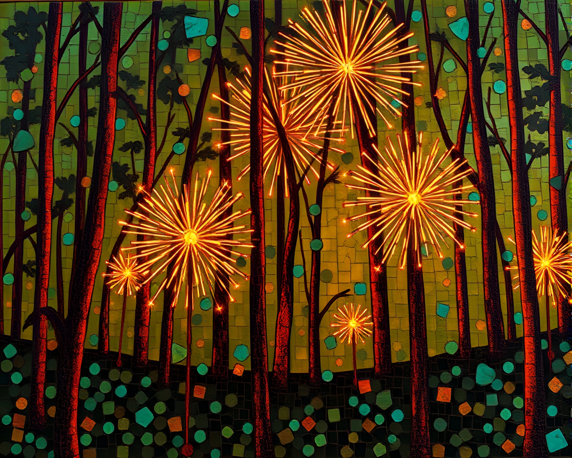 Copper Verdigris Mosaic Fireworks in Enchanted Forest – free AI stock image