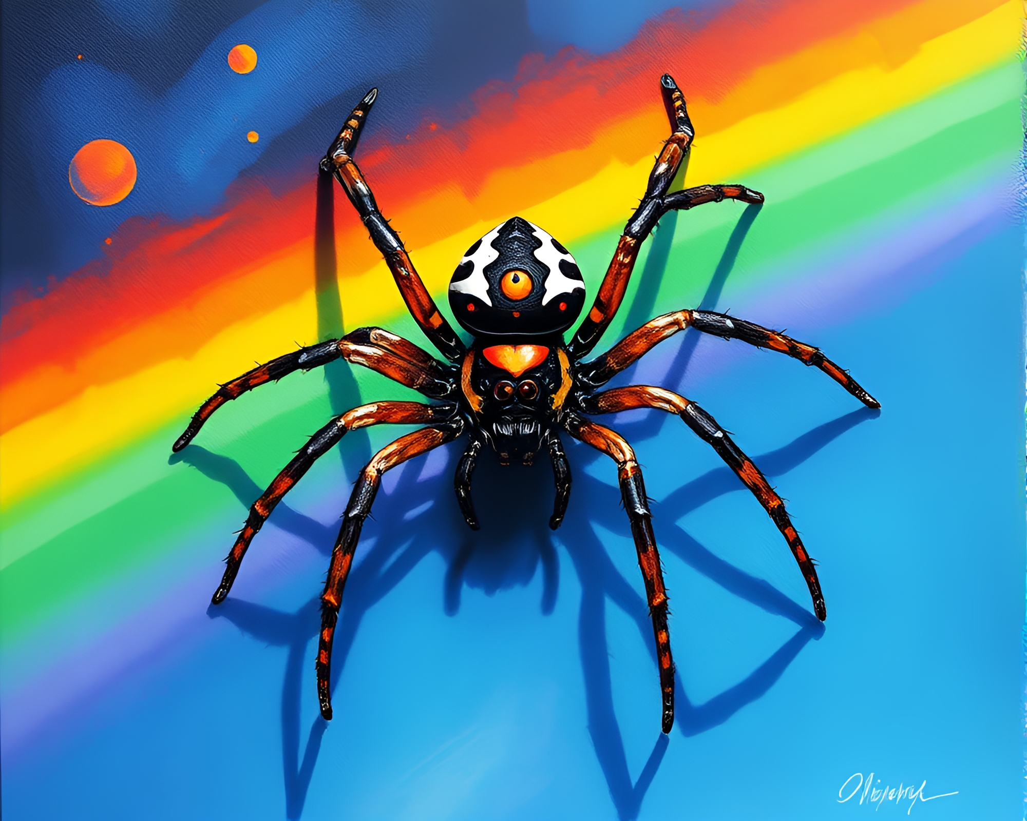 Mechanical Spider Under Rainbow Refraction Gouache Painting – free AI stock image