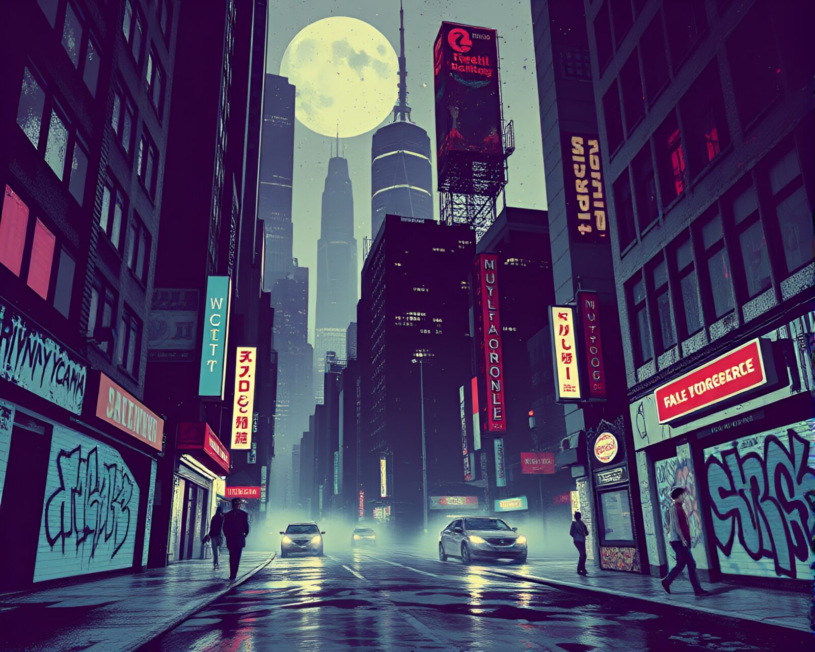 Gloomy futuristic cityscape with vibrant neon halftone graffiti