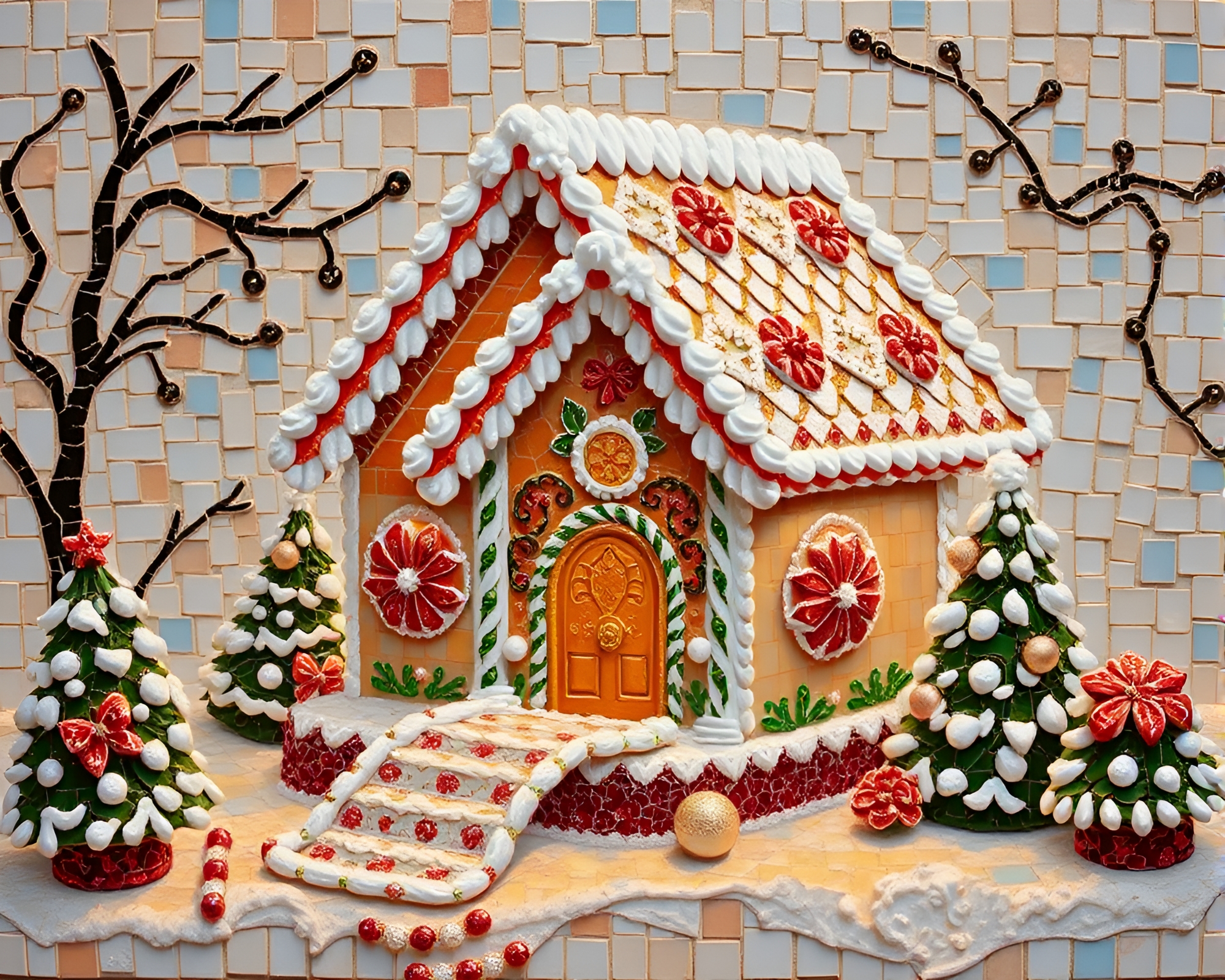 Gingerbread House Mosaic in Warm Palette Knife Style – free AI stock image