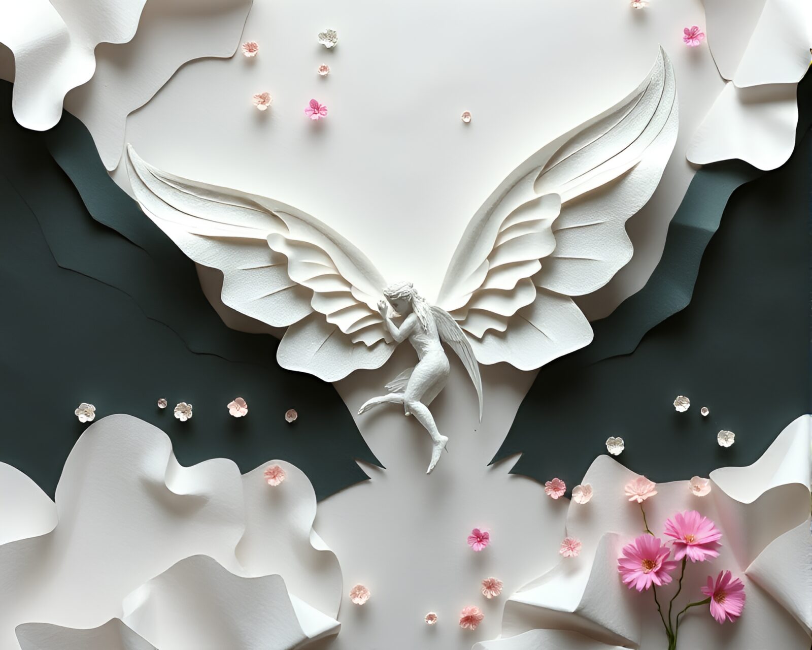 Mystical nymph surrounded by torn paper pieces in utopian setting