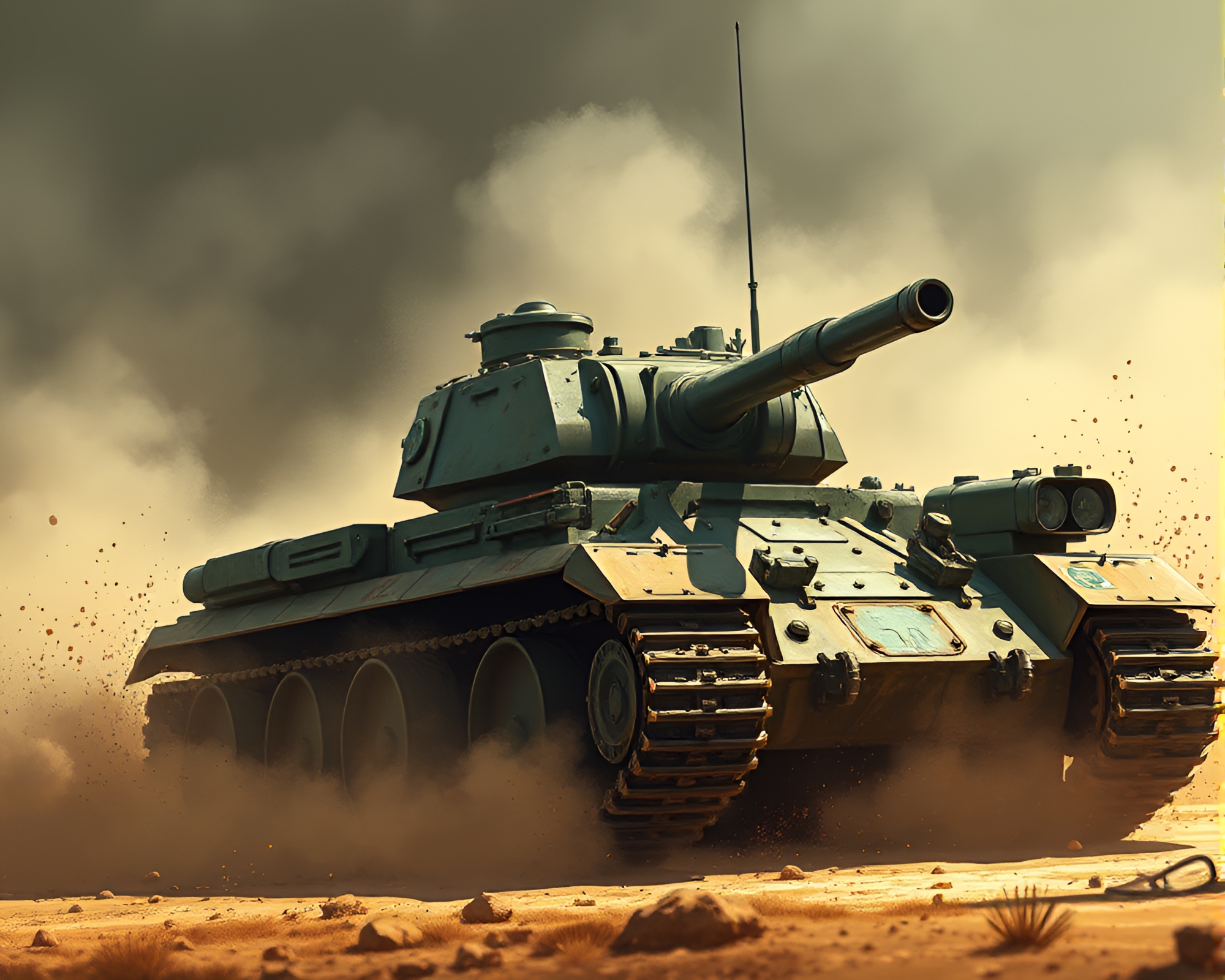 Armored tank amidst dusty light with steampunk aesthetic – free AI stock image