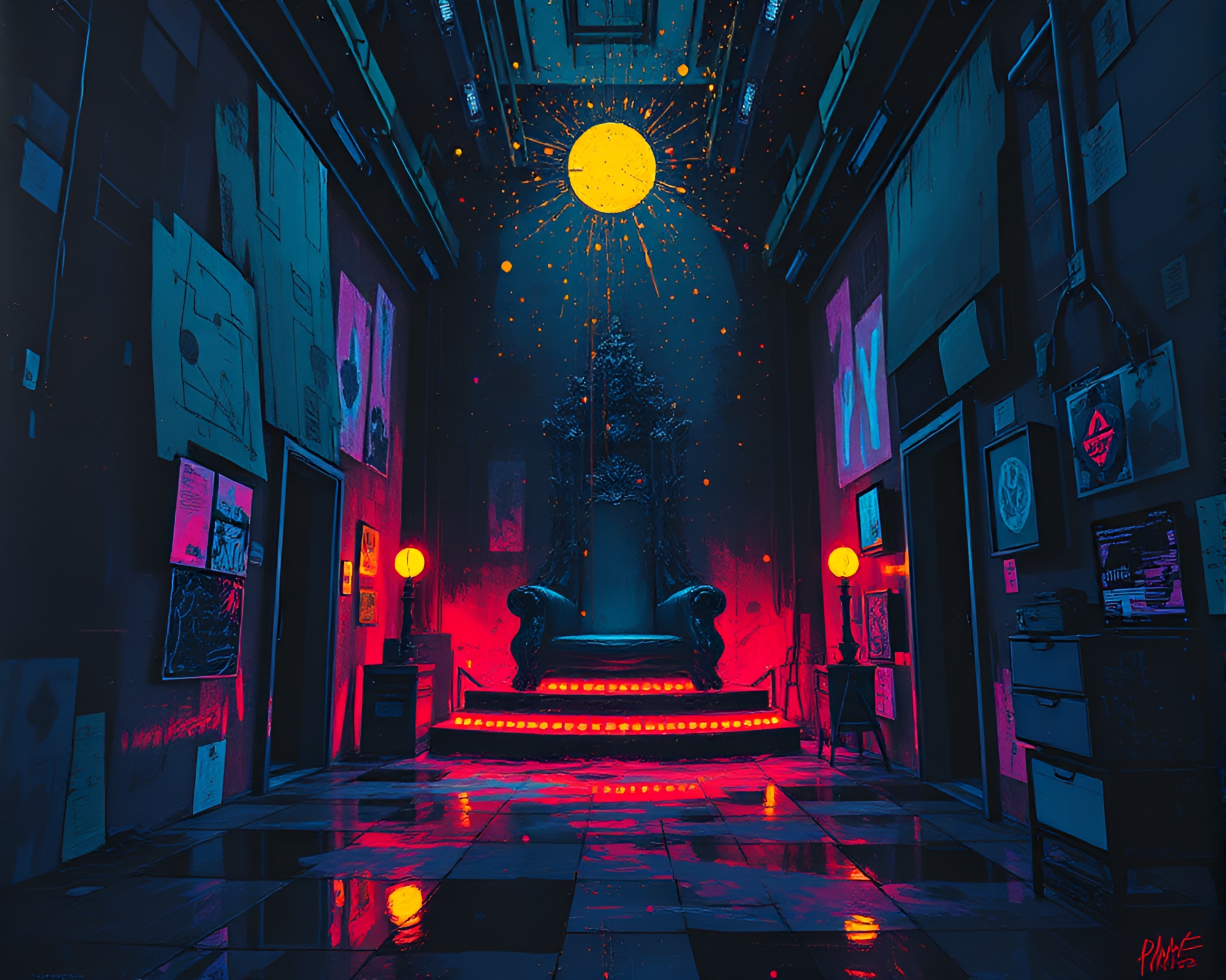 Cyberpunk Throne Room Glow Palette Knife Painting – free AI stock image