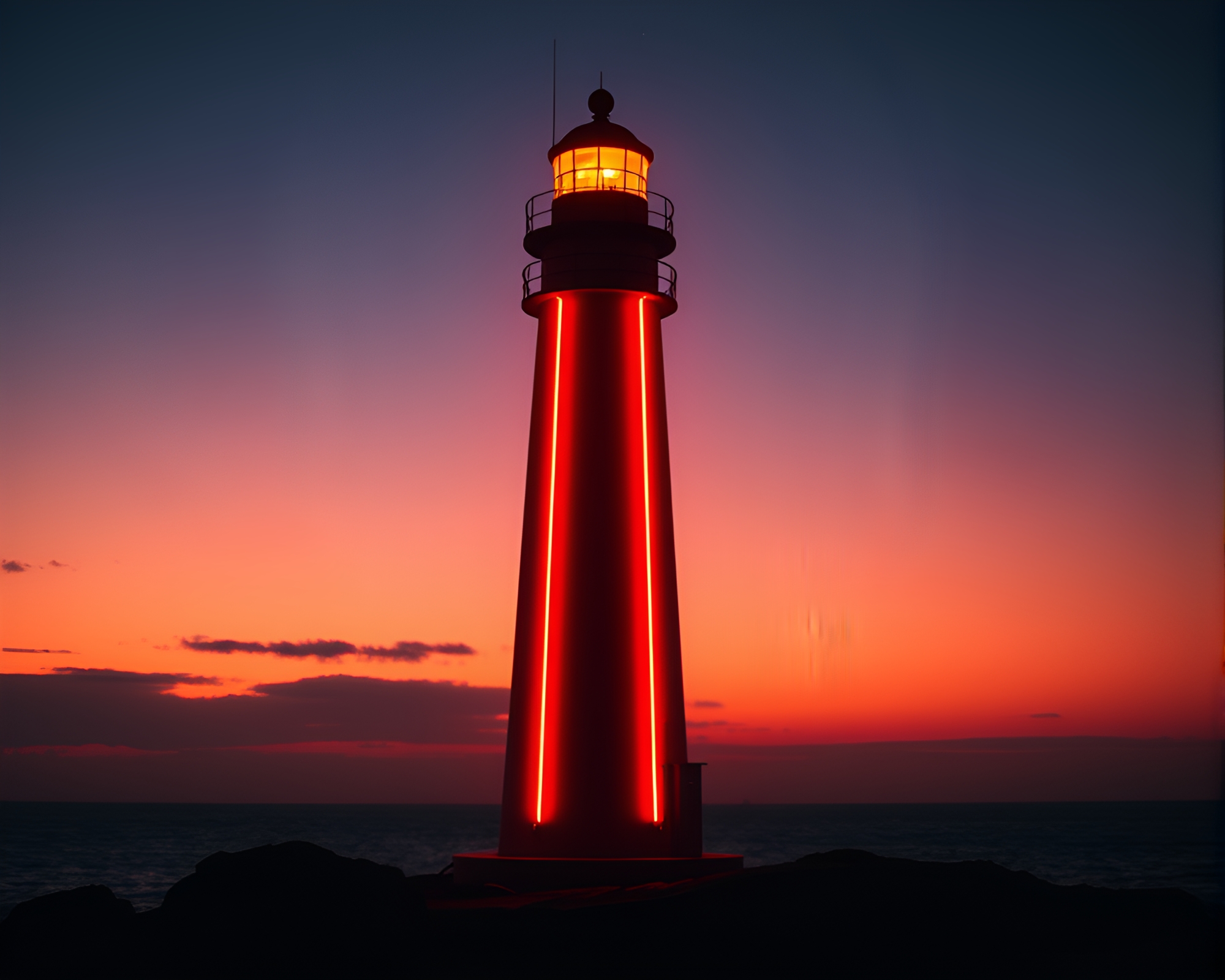 Neon Lighthouse Glow on Horizon – free AI stock image