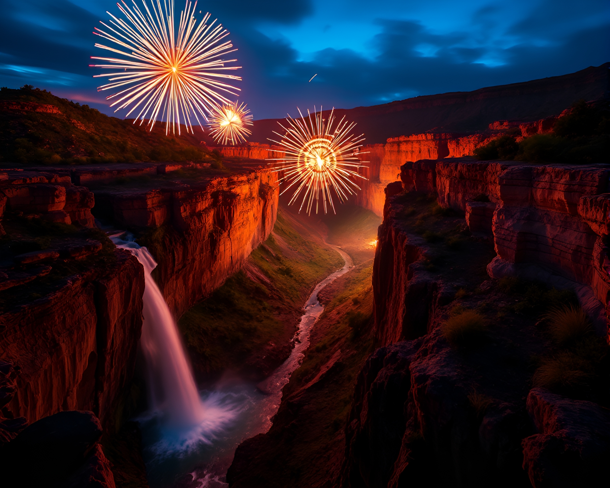 Fireworks Waterfall Illuminated Canyon Scene – free AI stock image