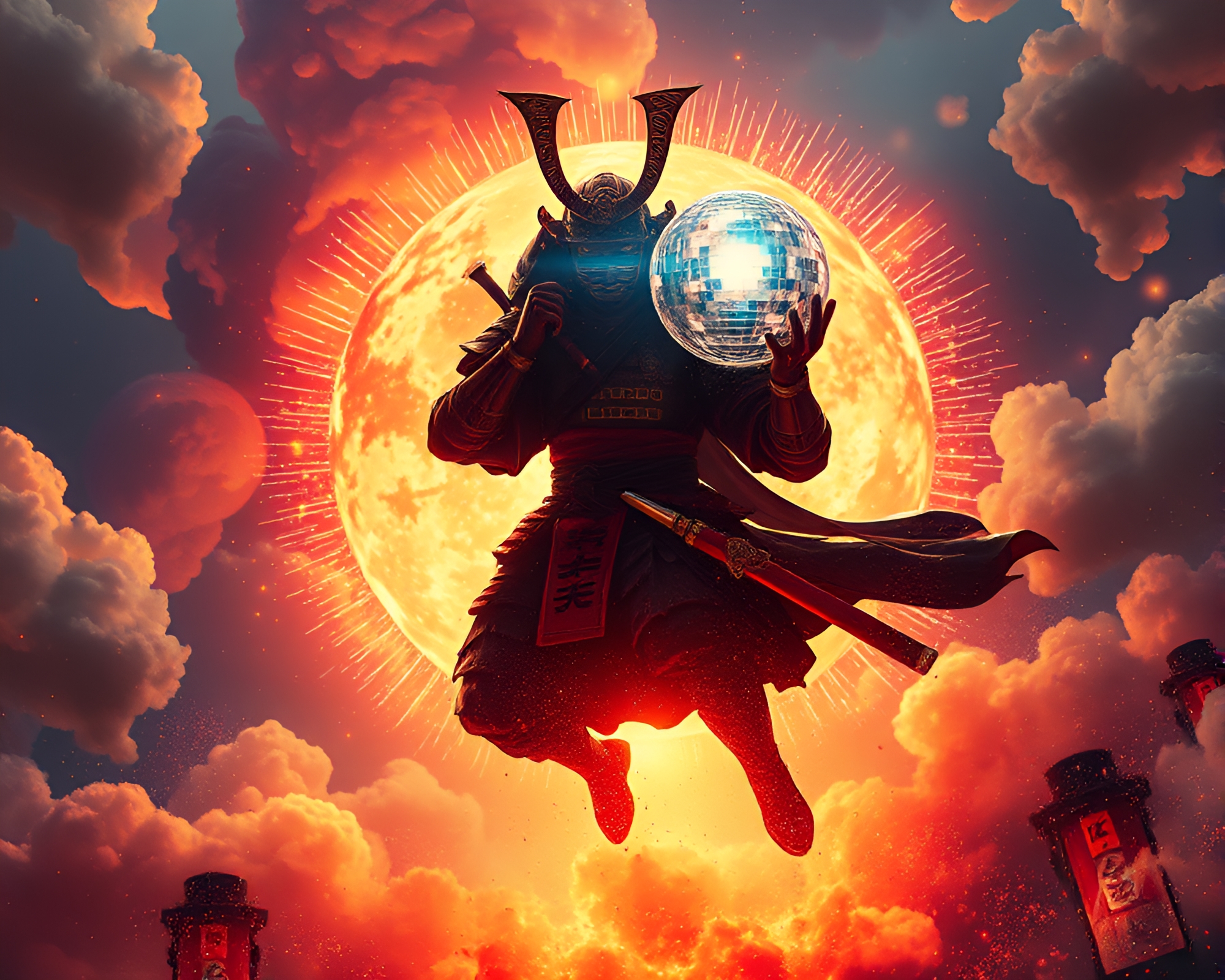 Samurai Warrior Amidst Dystopian Disco Explosion – free AI stock image