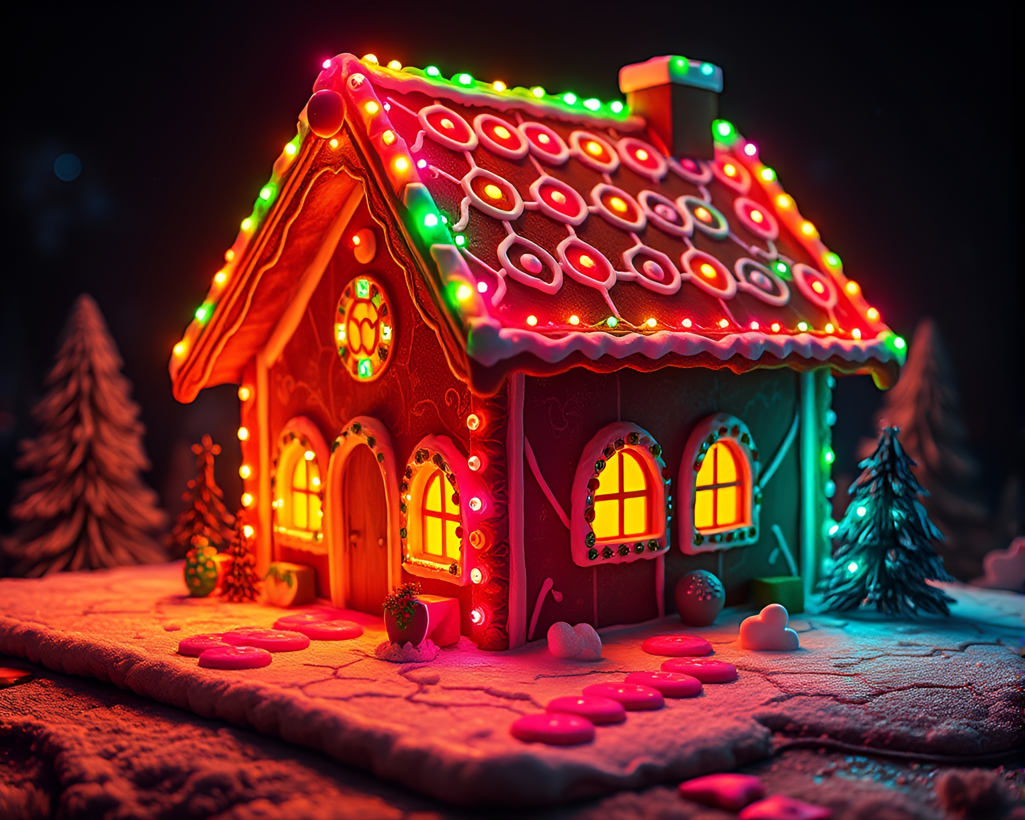 Cracked Earth Gingerbread House with Fluorescent Glow – free AI stock image