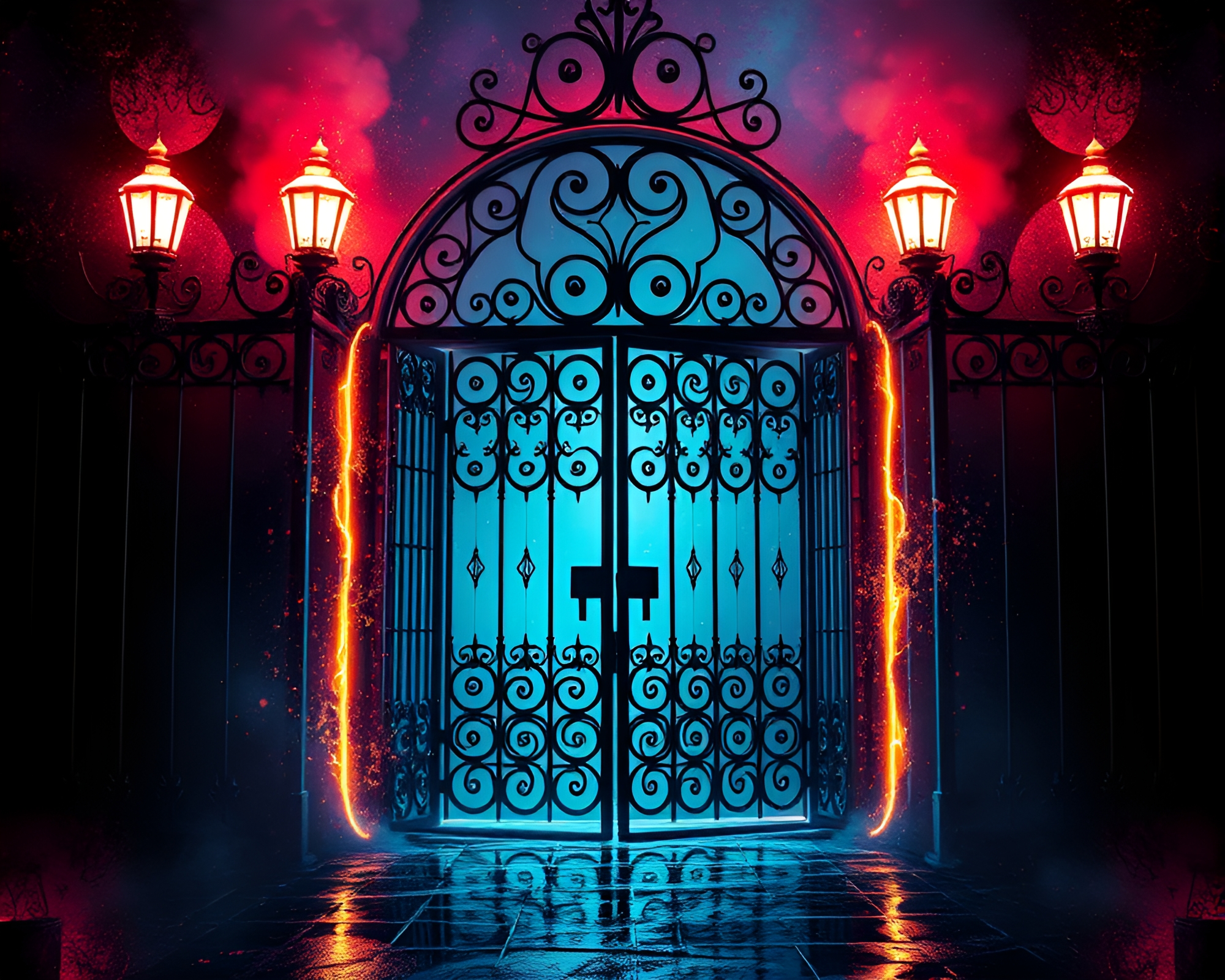 Glowing Sorcery at Wrought Iron Gate – free AI stock image