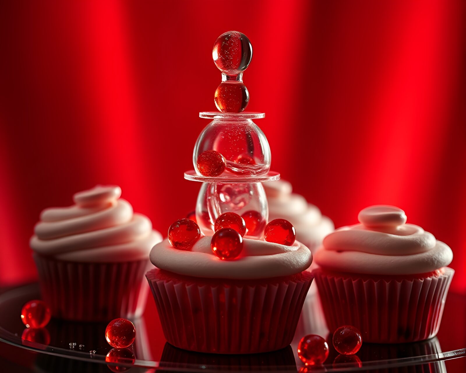 A visually striking x-ray style image of a cupcake tower with monochrome red lighting