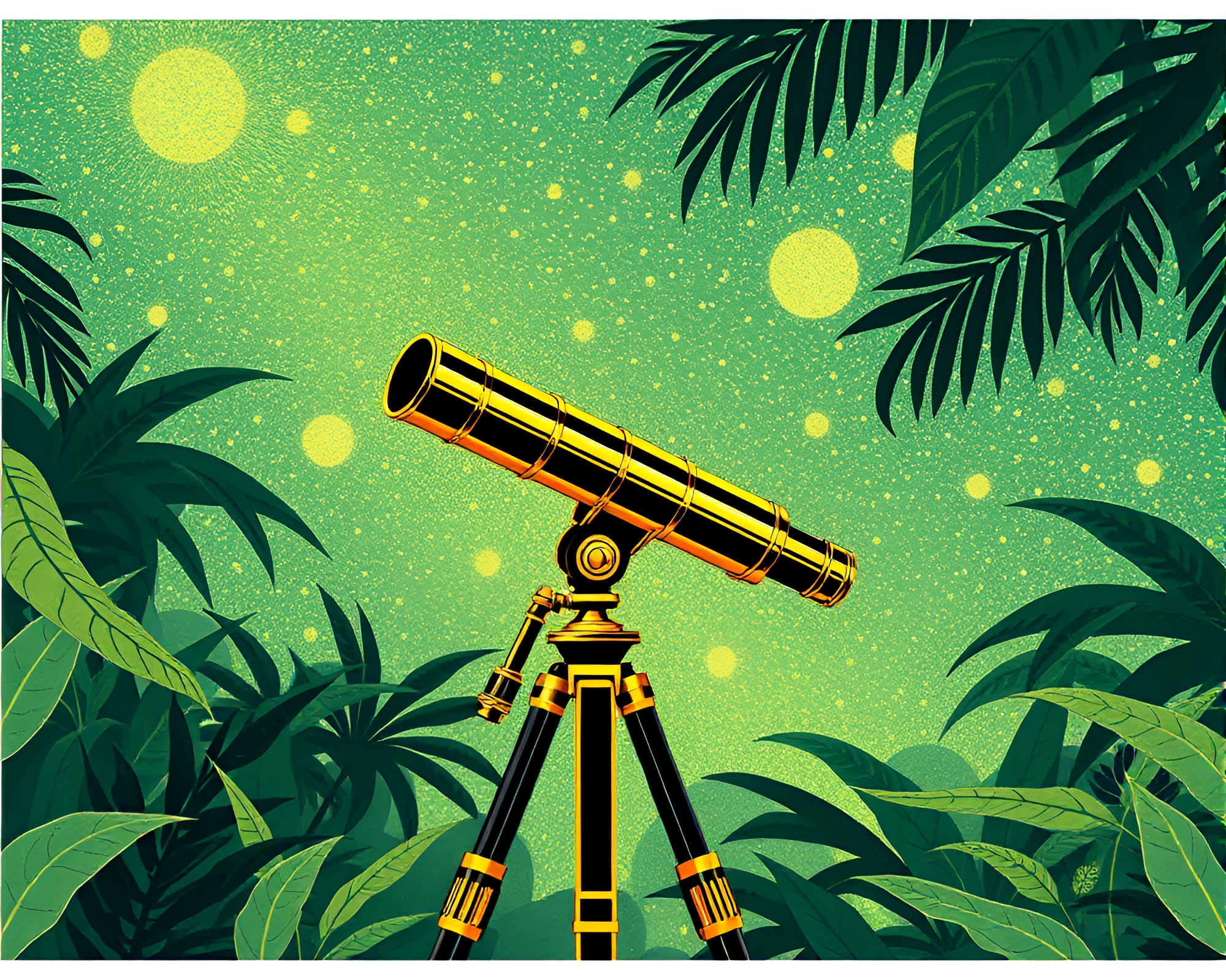 Brass telescope fashion illustration in jungle canopy shade – free AI stock image