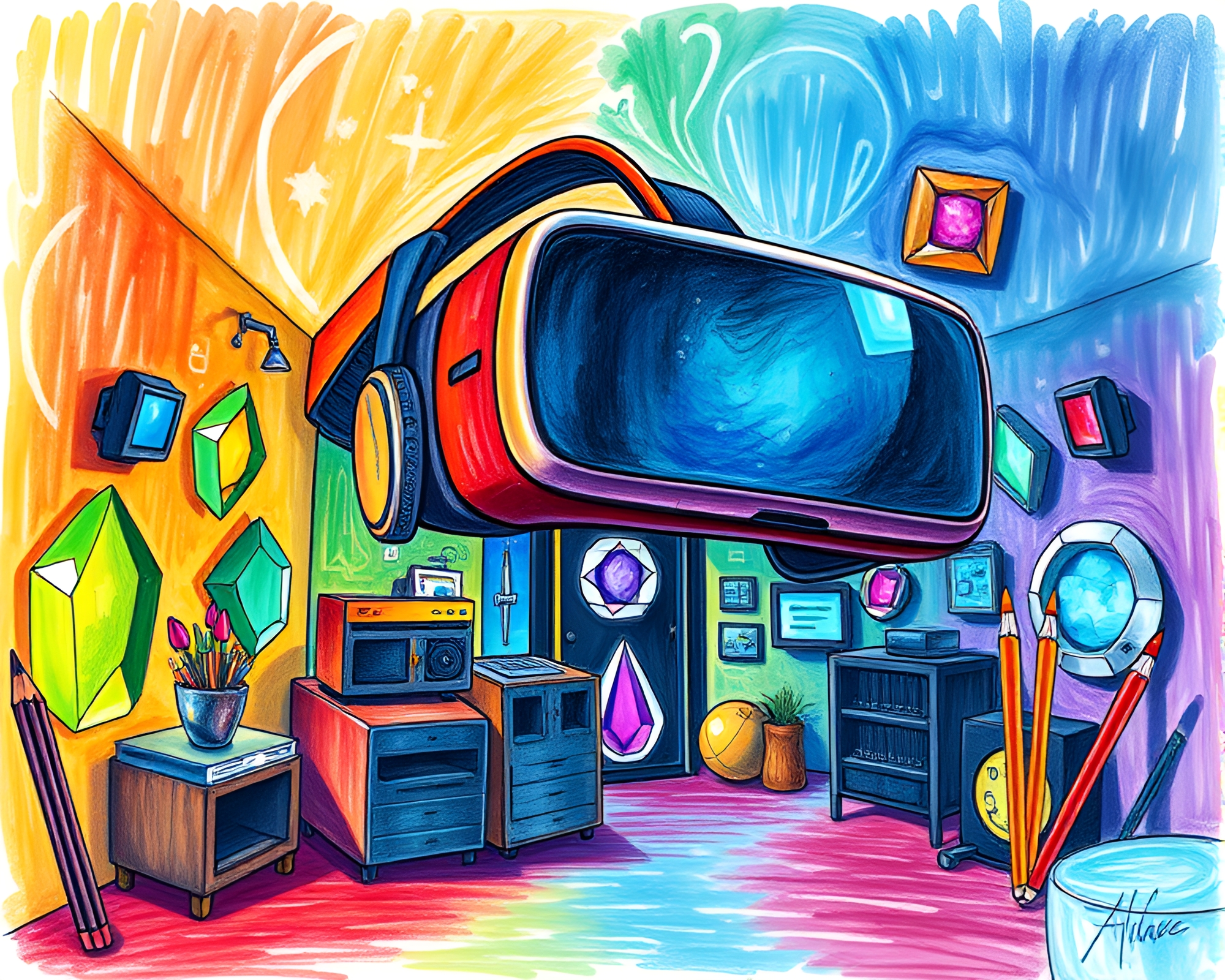 Virtual Reality Hub in Jewel Tones: Conté Crayon Drawing – free AI stock image