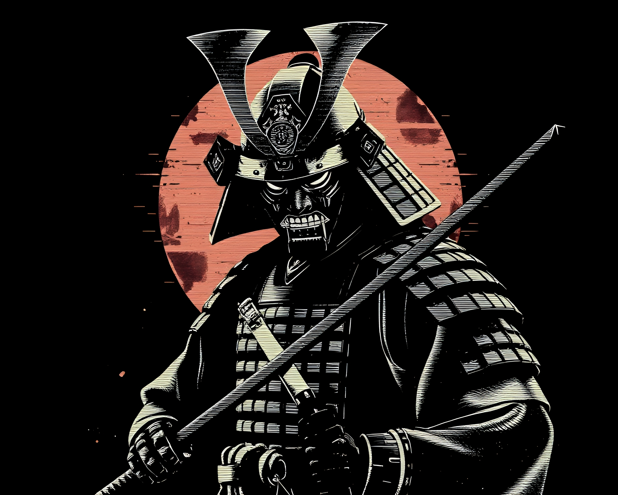 Vector Halftone Samurai in VHS Distortion Photocollage – free AI stock image