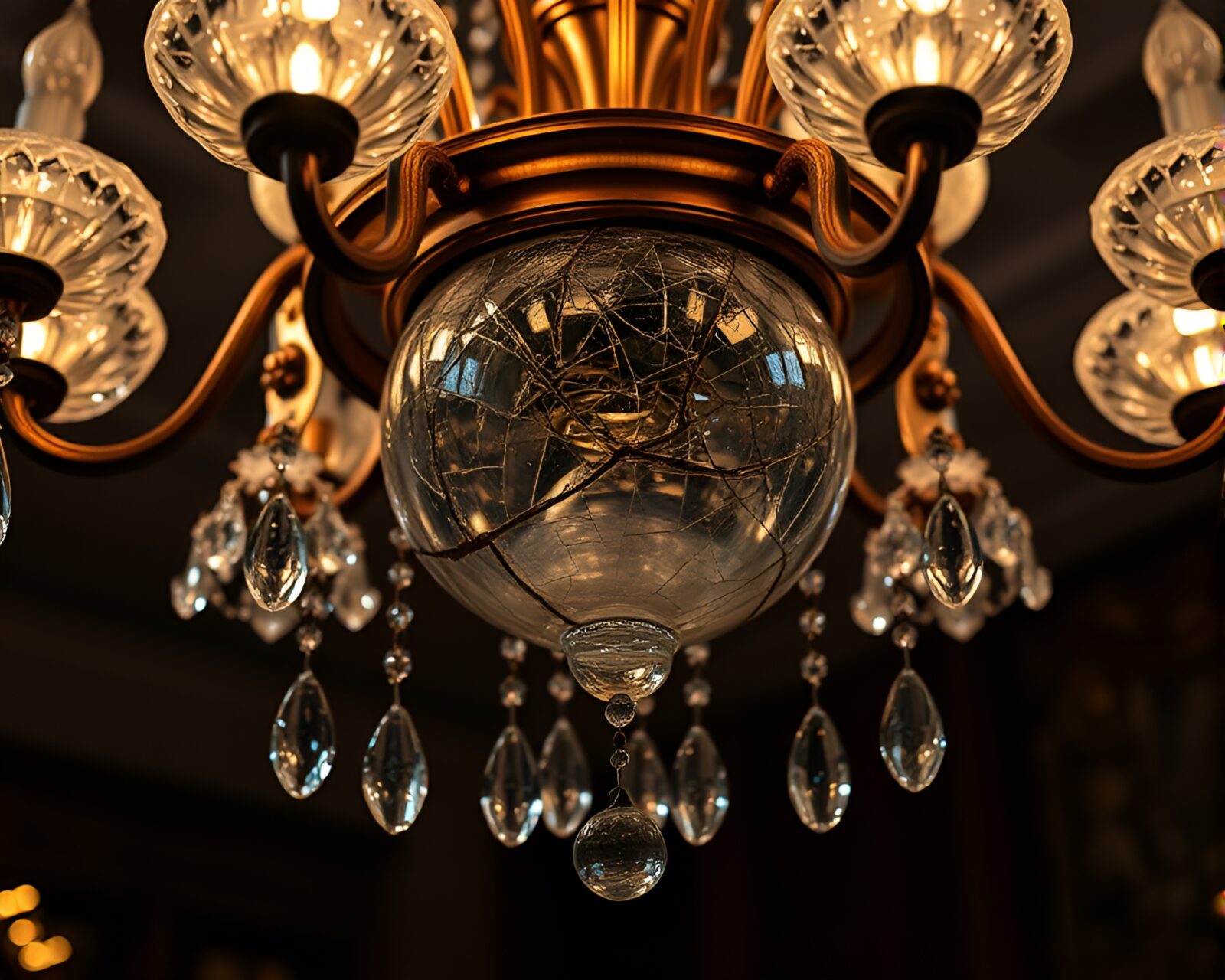 A mesmerizing display of a shattered mirror reflecting a grand Victorian chandelier amidst colorful carnival lights
