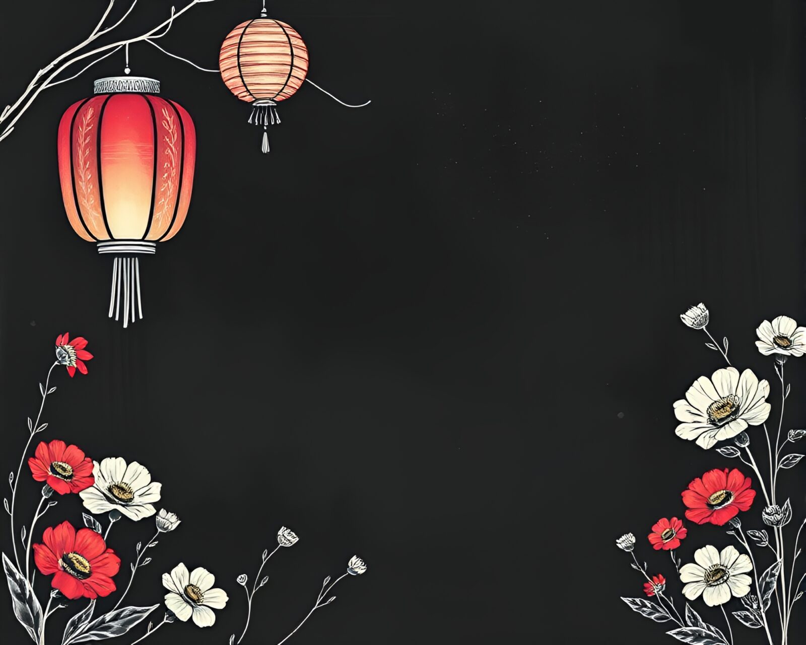 Glowing lanterns hovering above intricate dark botanical drawings