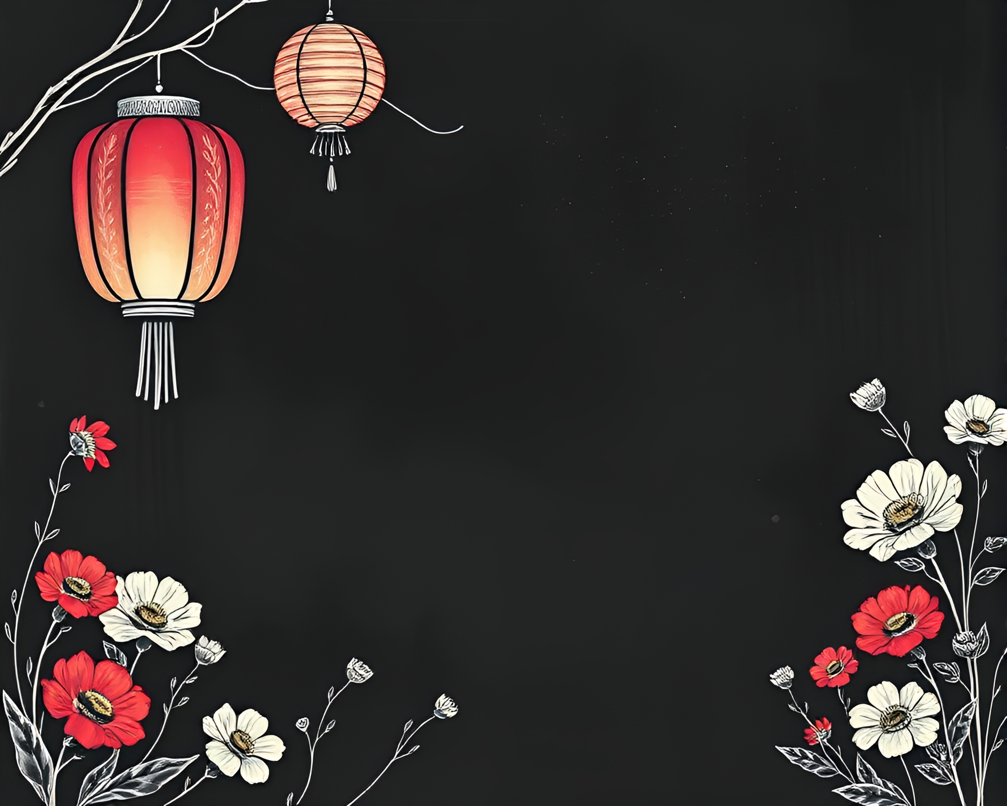 Enchanted Chalkboard Lanterns in Noir Botanical Illustration – free AI stock image