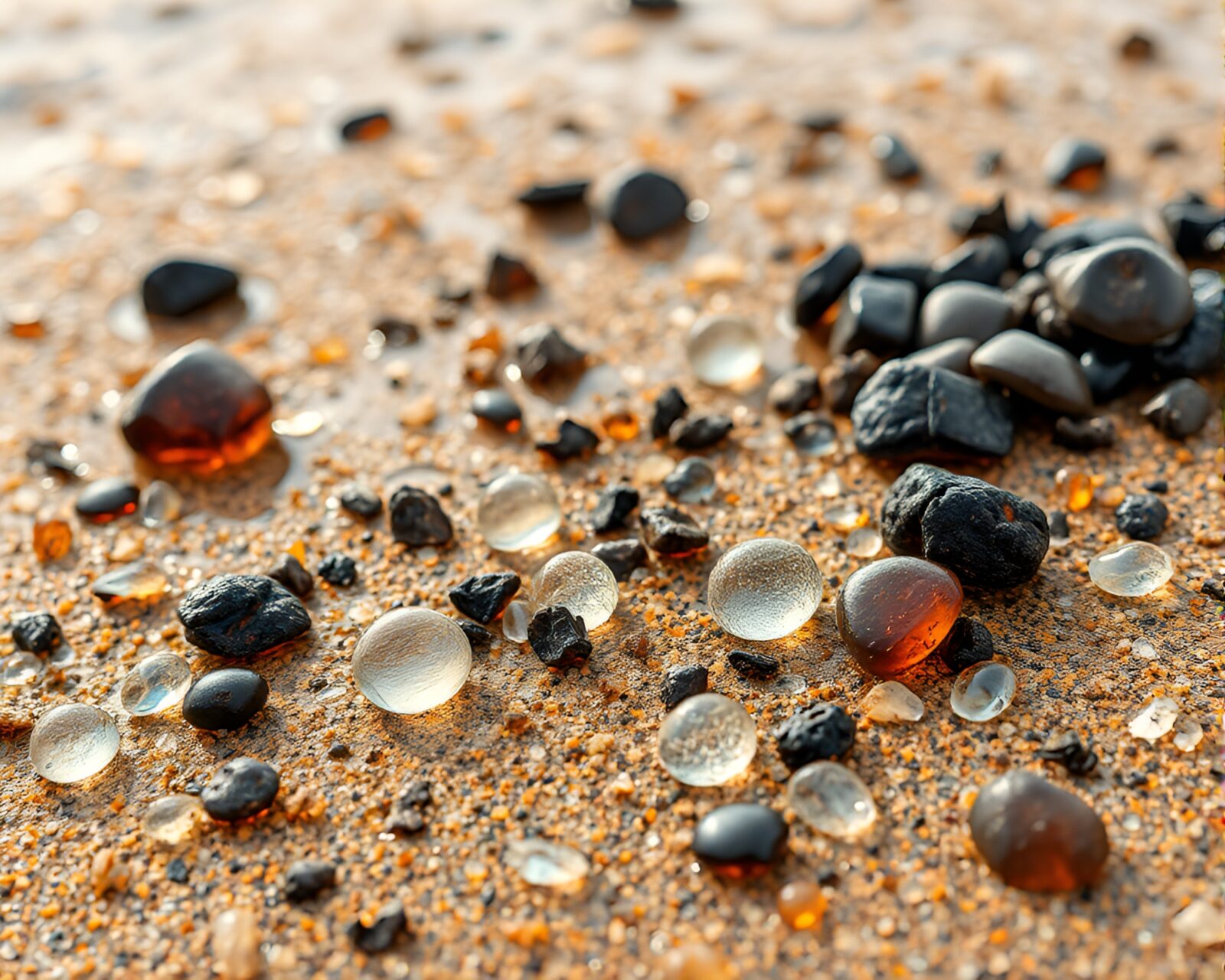 Wet glass beads on a volcanic island surrounded by sandy dunes