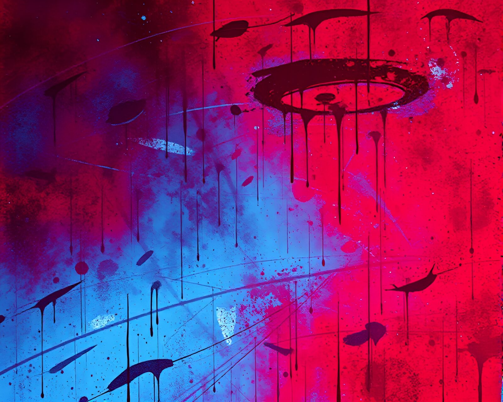Abstract art of a space habitat featuring red and blue tones