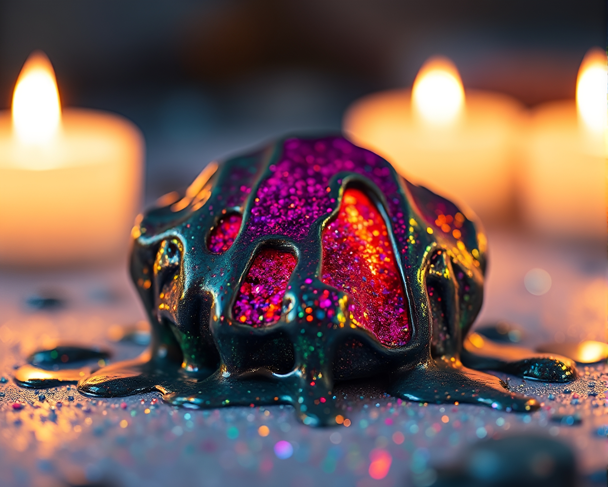 Glowing Rune Stone Surrounded by Metallic Paint Drips – free AI stock image