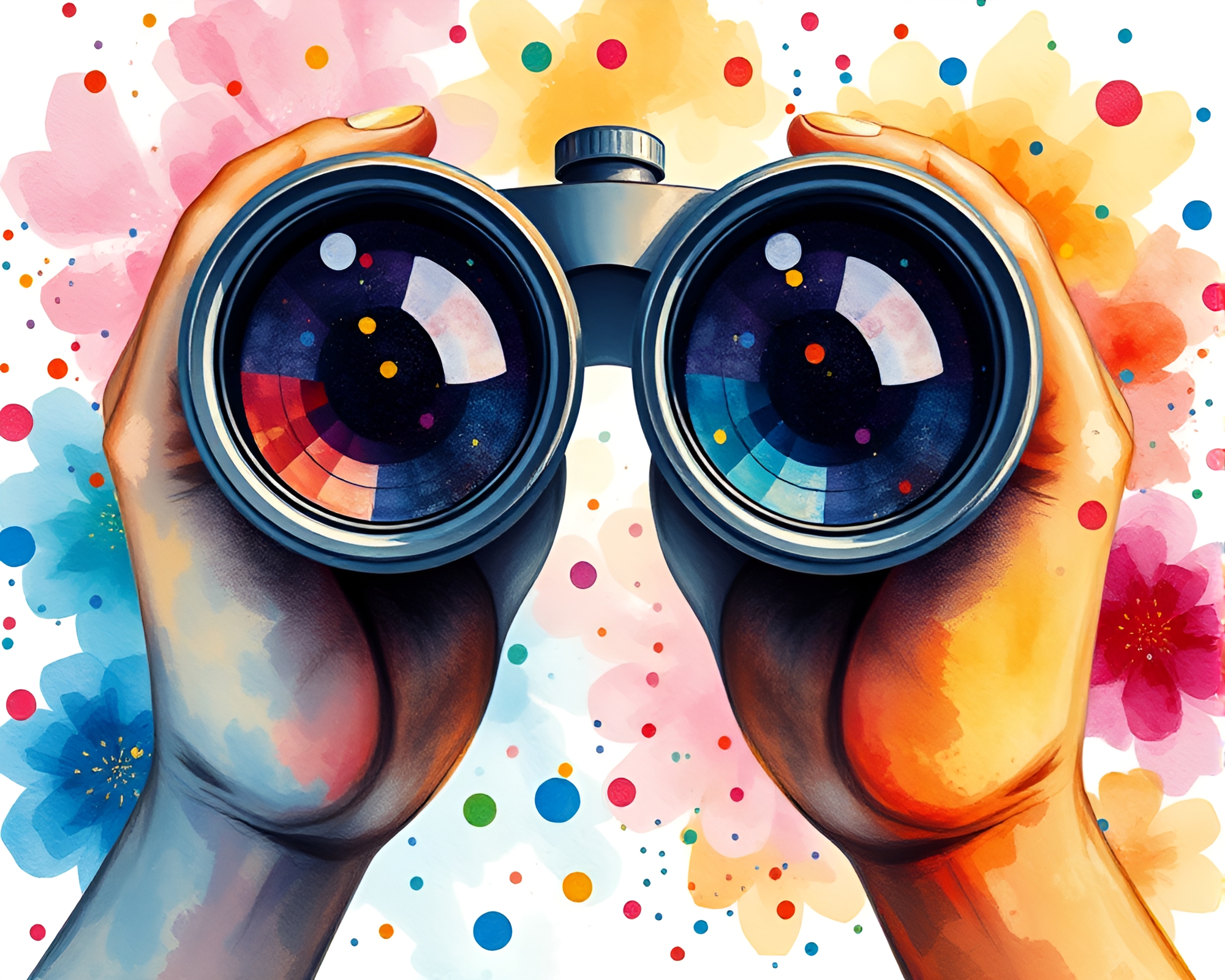 Binoculars observing confetti watercolor bloom frenzy – free AI stock image