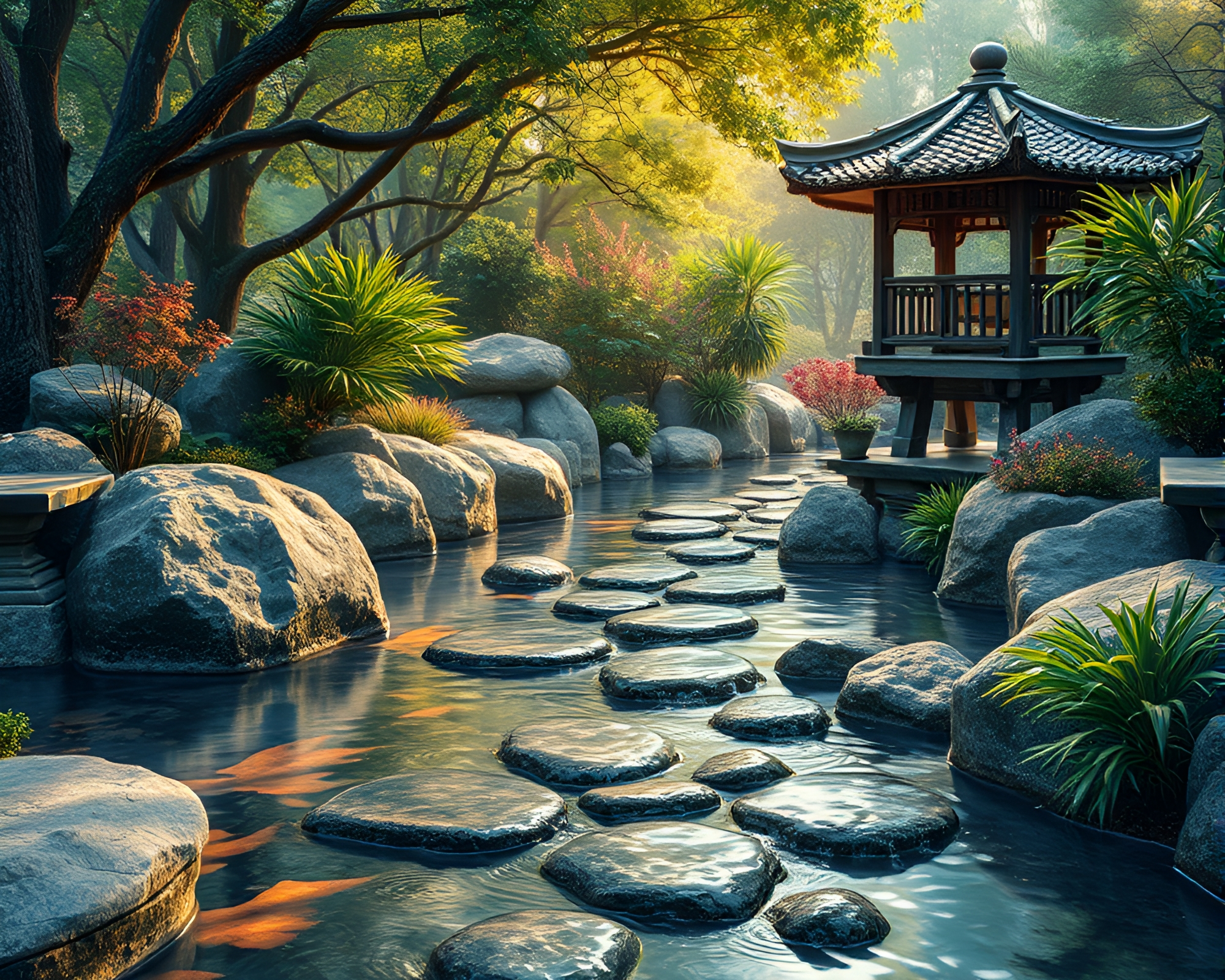 Tranquil Zen Garden Reflection with Distorted Water Ripples – free AI stock image