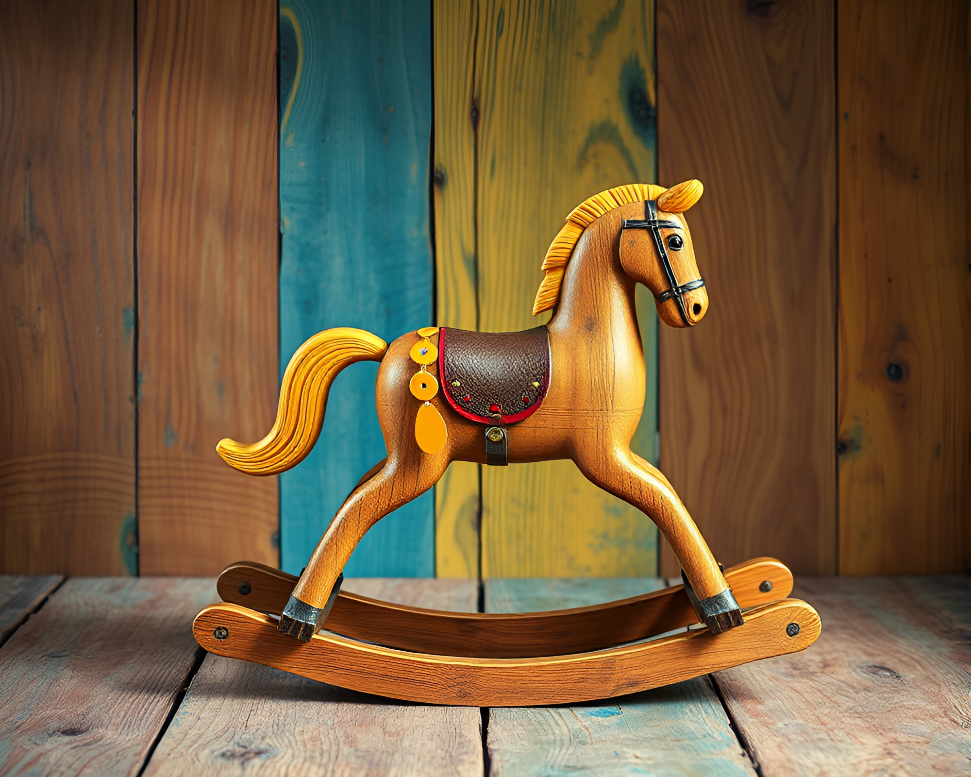 Vibrant Wooden Rocking Horse in Procedural Texture Style – free AI stock image