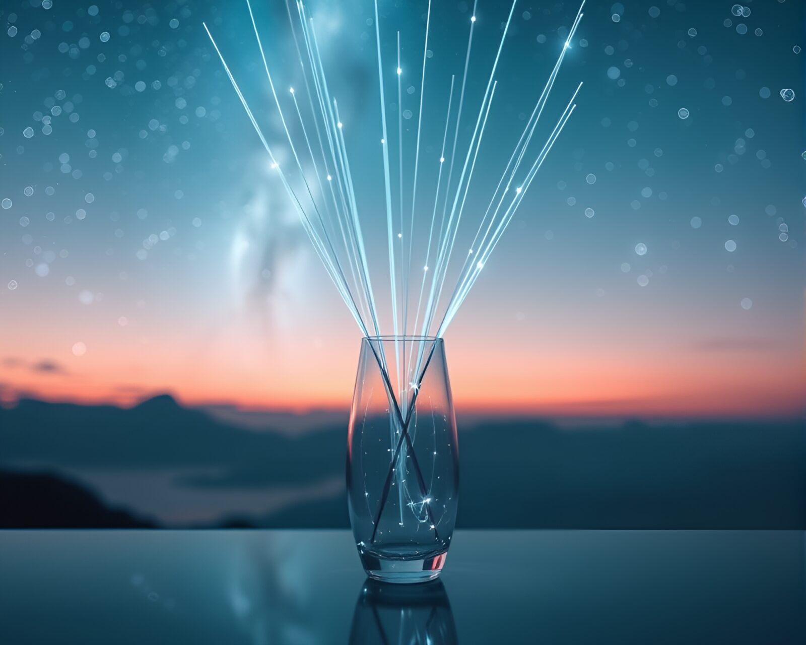A vase glowing under a starry sky with fiber optic lights