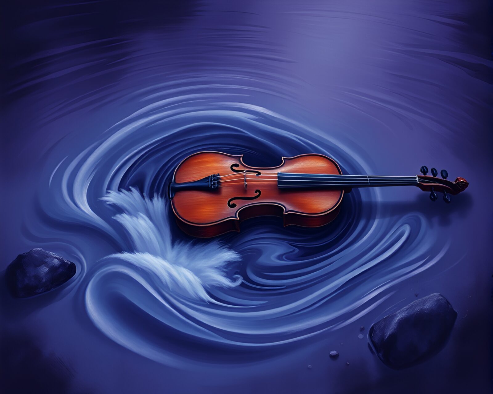 A mesmerizing fantasy scene of a wooden violin surrounded by swirling water under purple twilight skies.