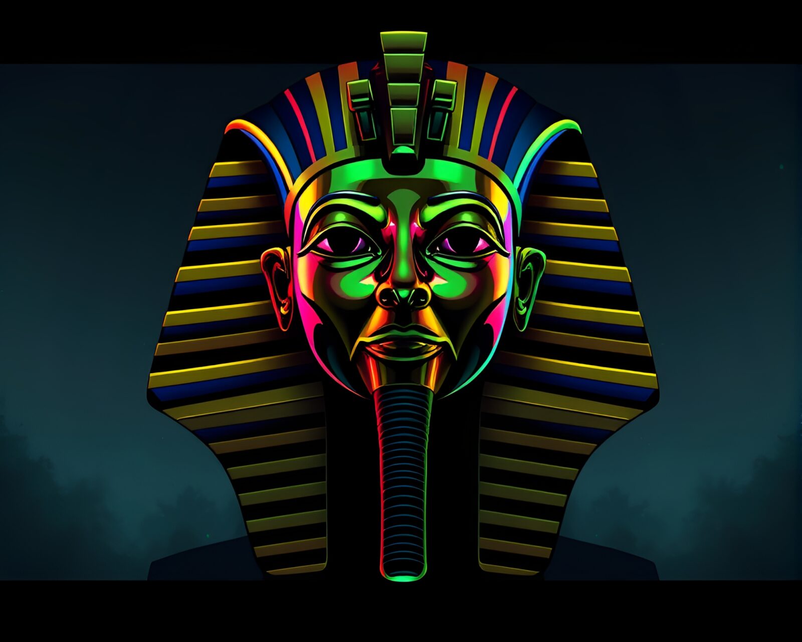 Sci-fi illustration of Pharaoh's mask in colorful oil slick